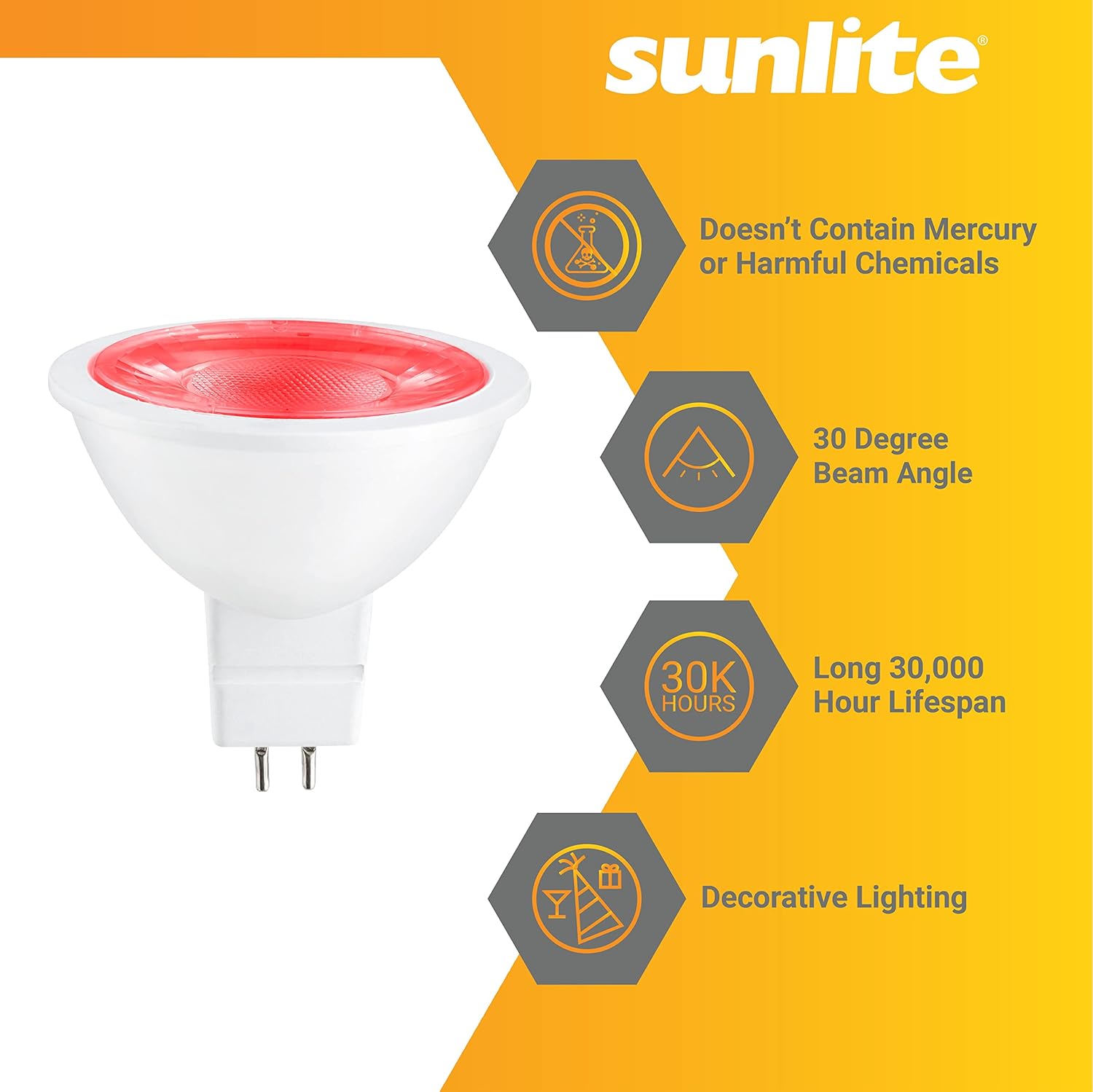 Sunlite 41047 LED MR16 Reflector Spotlight Bulb, 90 Lumens, 3 Watts (25W Halogen Bulb EQ) 12V, GU5.3 Bi-Pin Base, Non-Dimmable, Party Decoration, Holiday Lighting Red Color, 6 Count