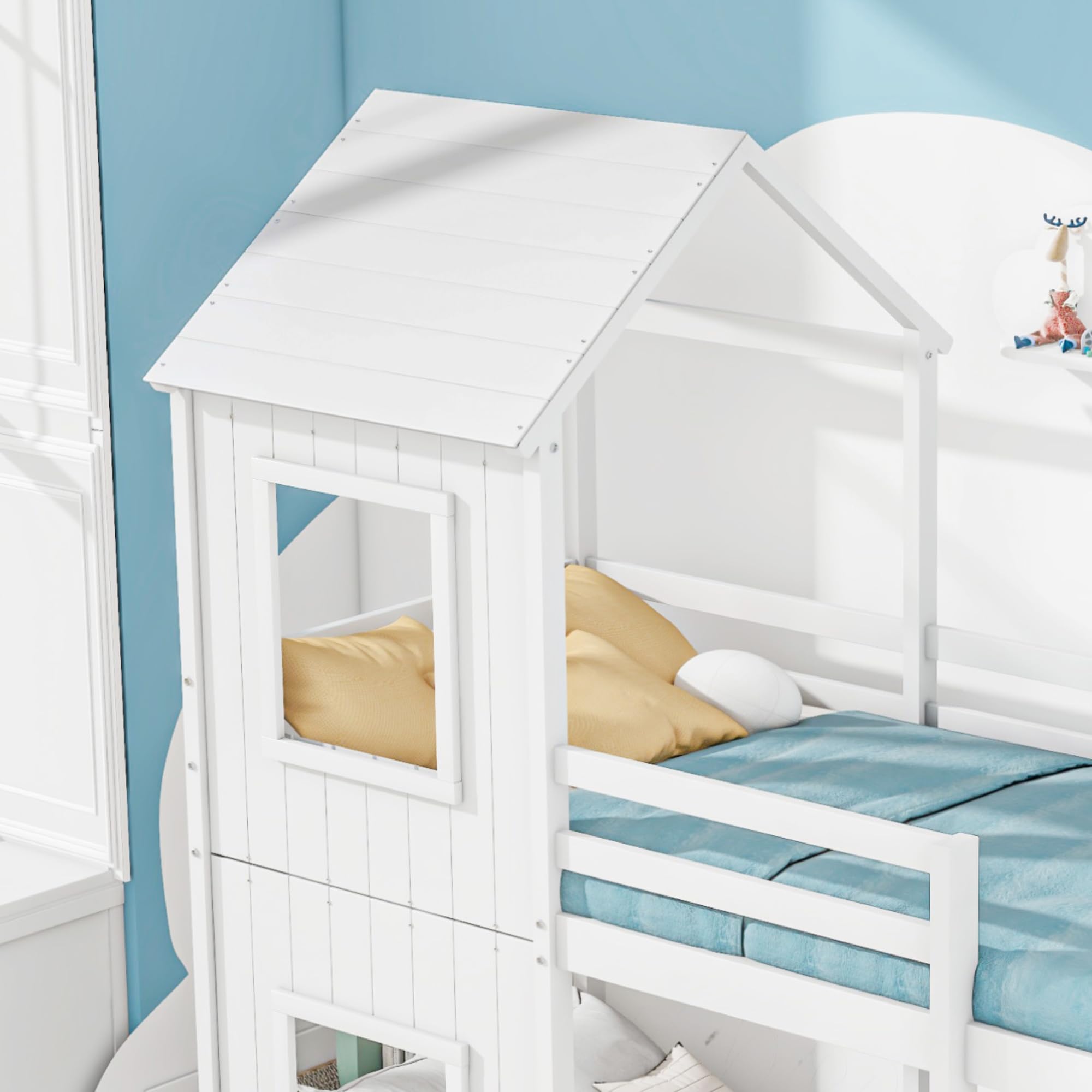 Litera 90x200cm, Cama Infantil, casita para niñas y niños, con Escalera y Dosel, del Suelo al Techo, Madera Maciza