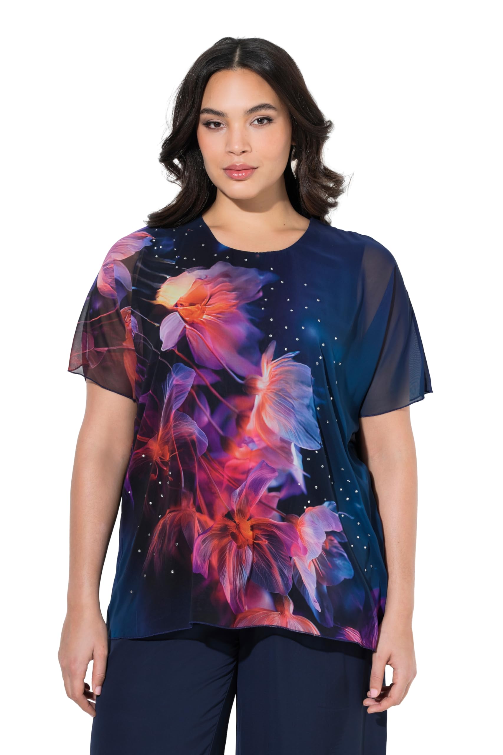 Ulla Popken Damen große Größen Übergrößen Plus Size Bluse, Blüten, doppellagig, A-Linie, Rundhals, Halbarm 847954