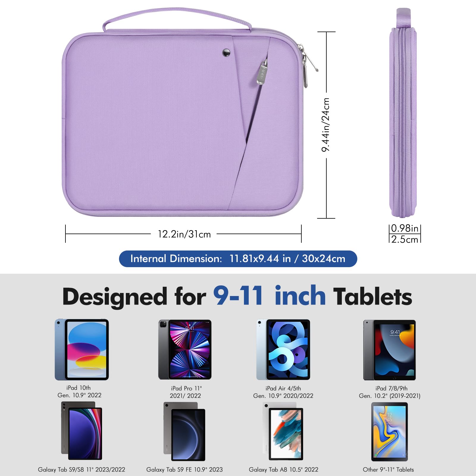 MoKo 9-11 Inch Tablet Sleeve Carrying Case with Handle, Padded Protective Travel Bag for New 11 inch iPad Air M3 2025, iPad A16 11", iPad Pro 11 M4, iPad 10/9/8/7th, Tab S9/S8 11, Purple