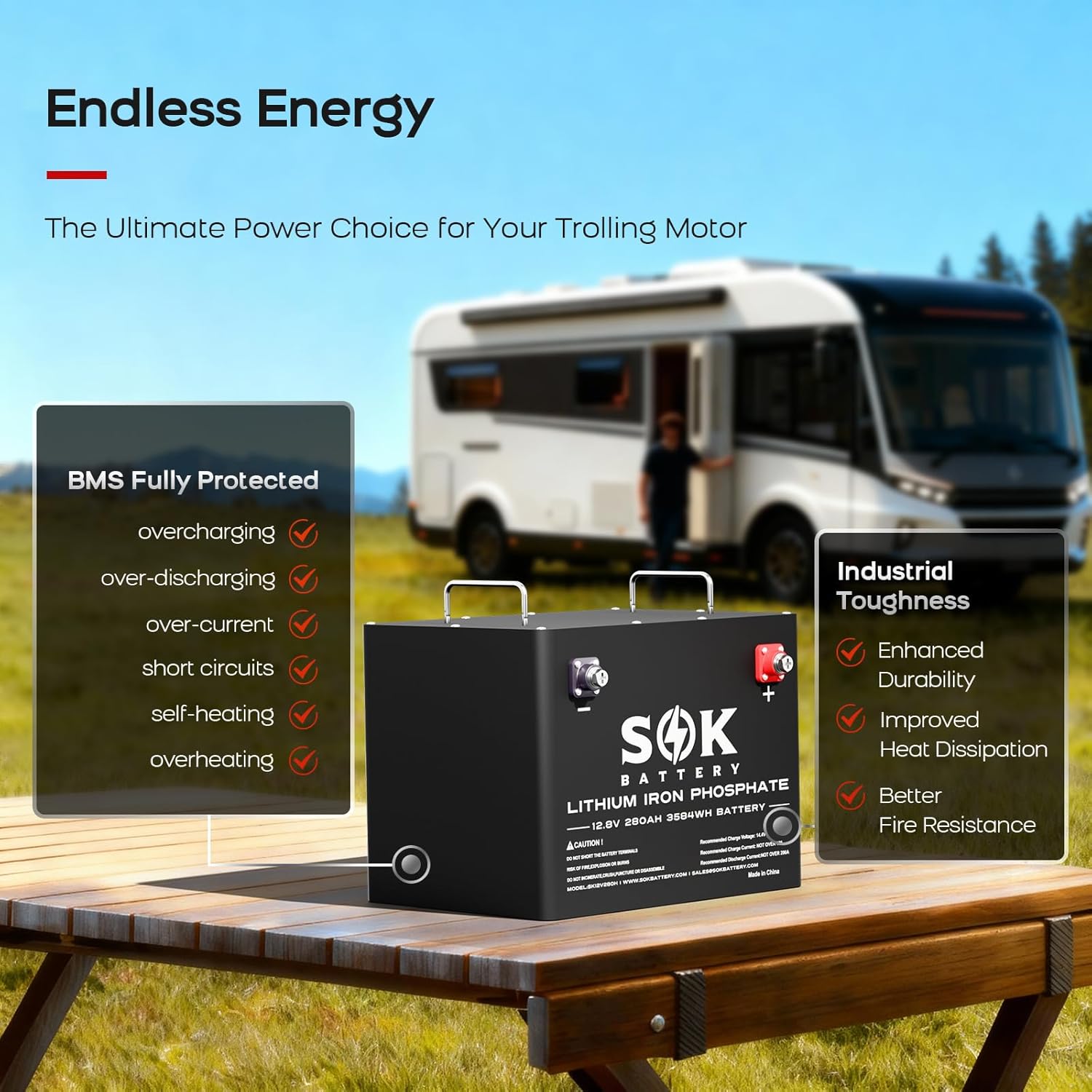 SOK 12V 280Ah LiFePO4 Battery, Built-in Heater & Bluetooth, Metal Case & Smart BMS, 8000-12000 Cycles, Replaceable Battery, UL1973 Certified, for RV, Solar, Camper, Trailer, Off Grid
