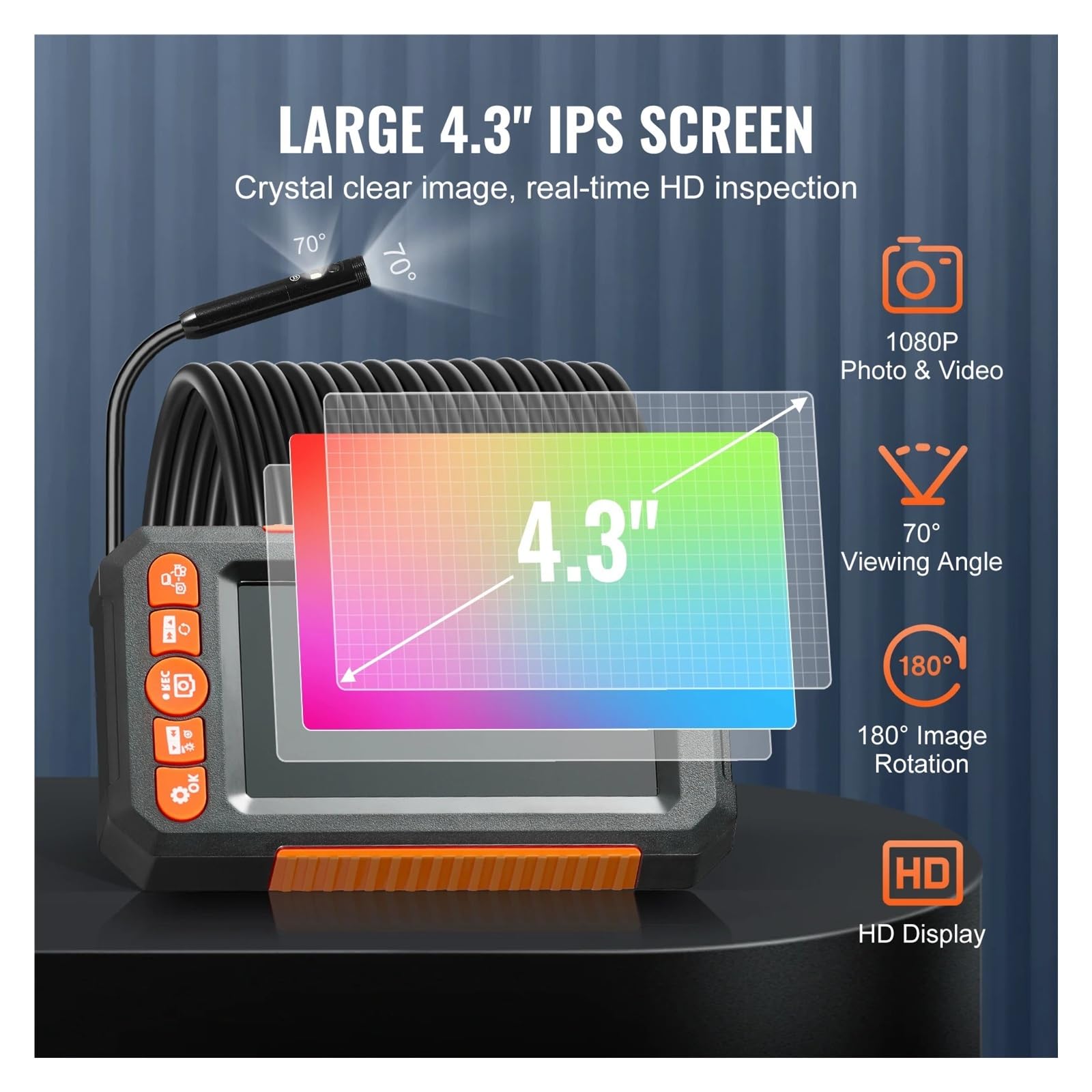 Telecamera for endoscopio, periscopio a doppia lente, telecamera di ispezione con schermo da 4,3" 1080P con luci a LED IP67 impermeabile for auto per fognature/tubazioni/automotive(15m Cable)