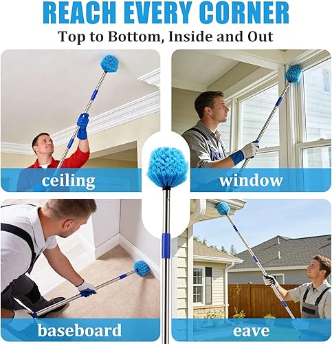 Miniatura 7 de Plumero de telarañas con poste de extensión, plumero de 8 pies de largo para techos altos, paredes, cerdas medianas rígidas, cepillo para telarañas