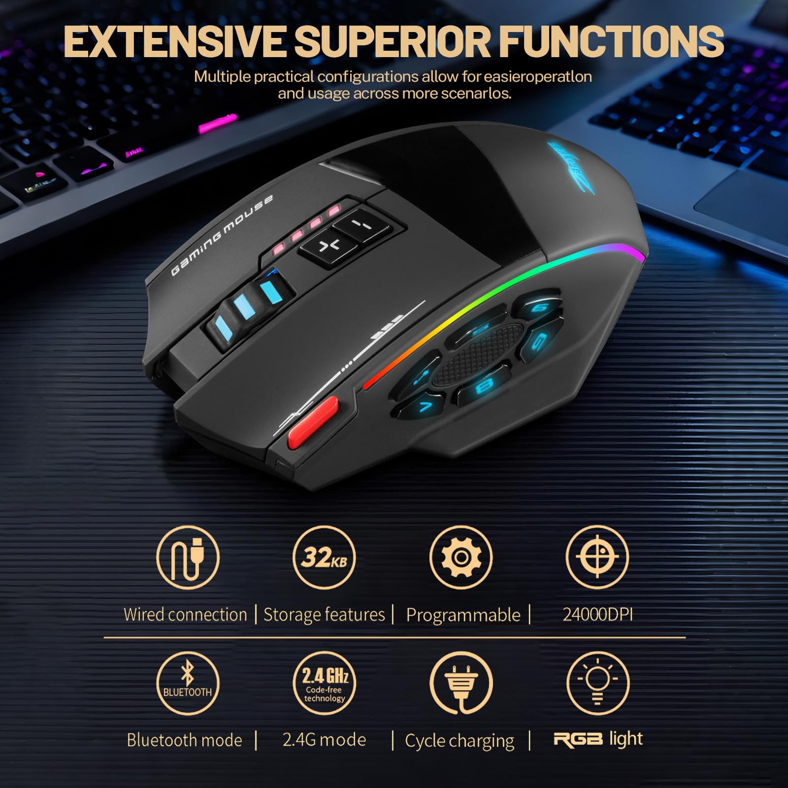 Souris de jeu sans fil, RVB double mode, Bluetooth, jusqu'à 24 000 ppp, 13 boutons macro programmables, souris optique 50 heures pour PC, ordinateur portable, MOBA FPS, PMW-3311, prise en main