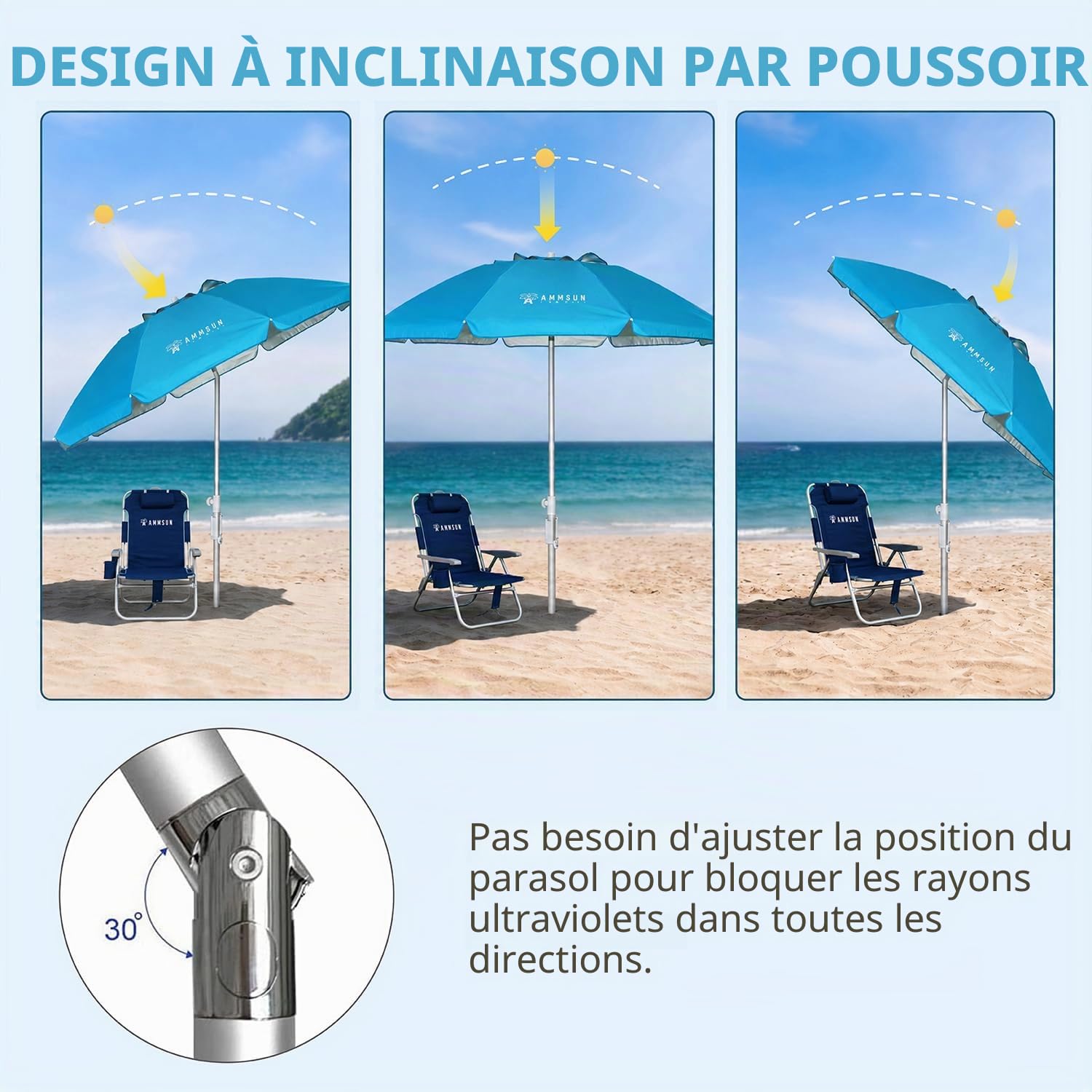 AMMSUN Parasol de plage portable compact de 2 m avec ancre de sable, coupe-vent, bouton poussoir d'inclinaison et grille d'aération, protection UV 50+, tient dans une grande valise pour voyage,