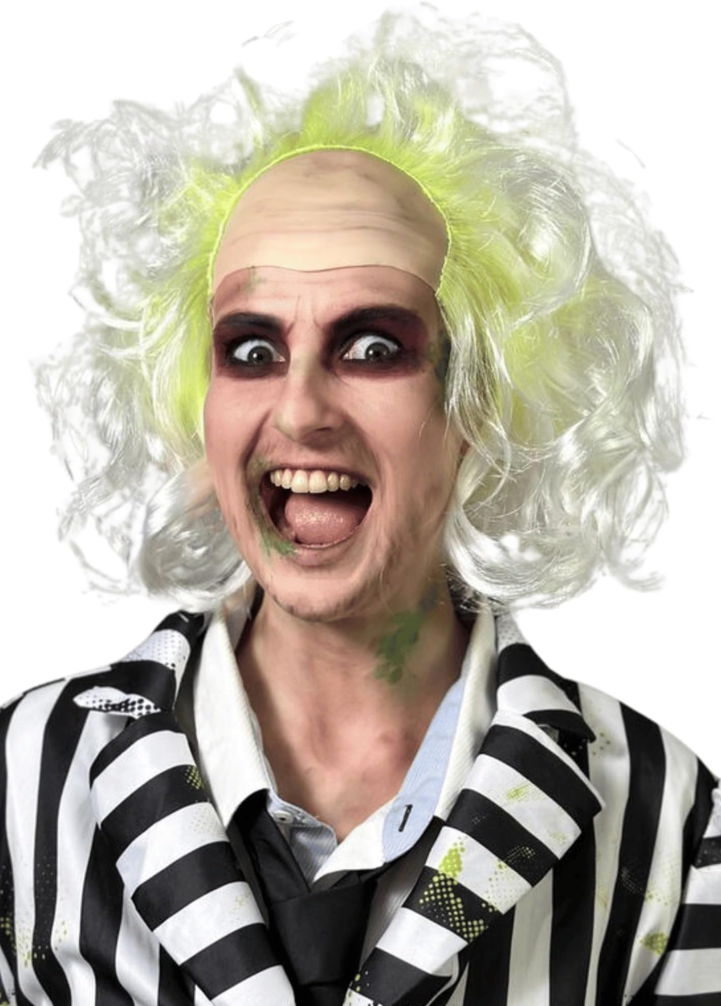 – ALLAURA Betelgeuse Green Wig with Bald Cap Clown Short Curly Afro Green Ombre Wavy Party Cosplay Costume Wigs Halloween Men Women ó Compatible with Beetle Juice
