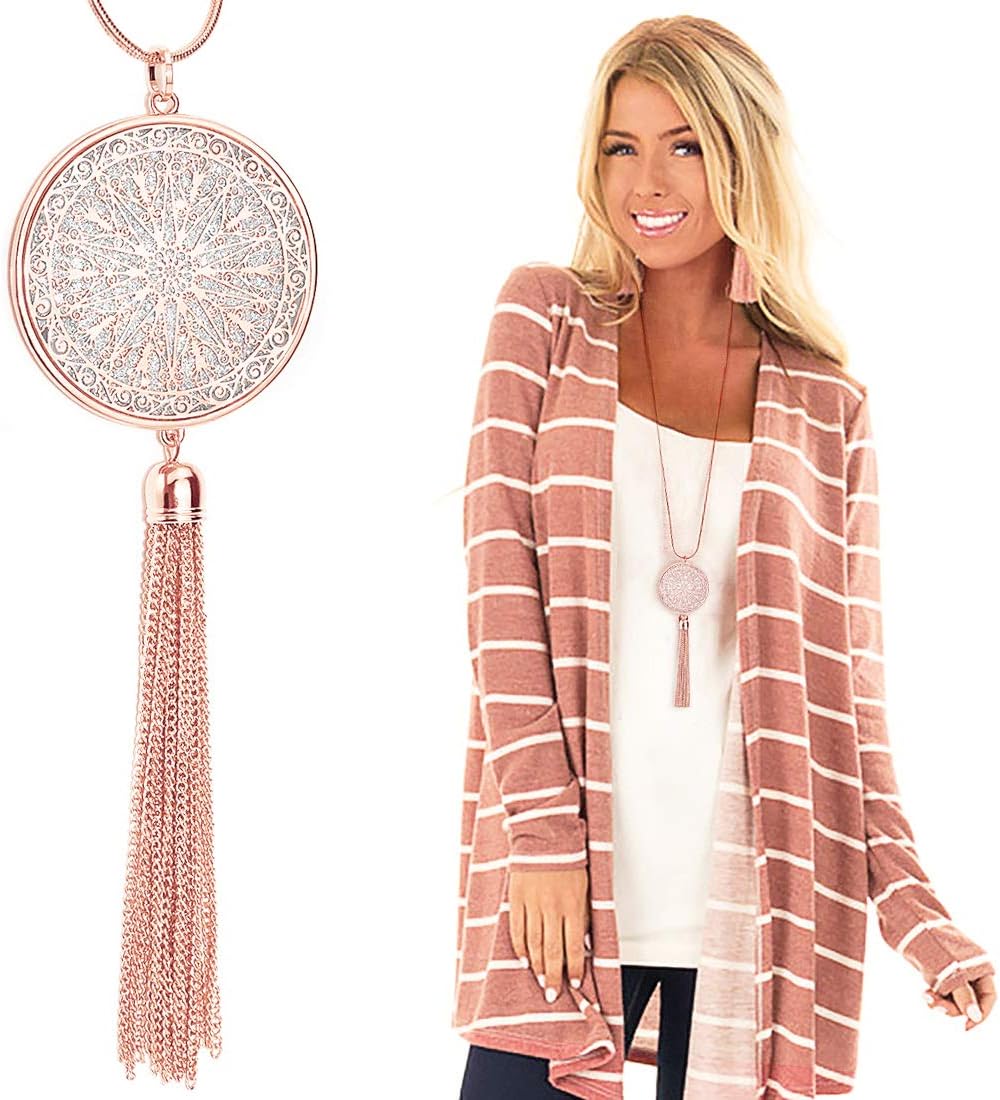 SuyiLong Tassel Necklace Hollow-out Disk Circle Heart Sweater Chain Y Pendant Necklace for Women