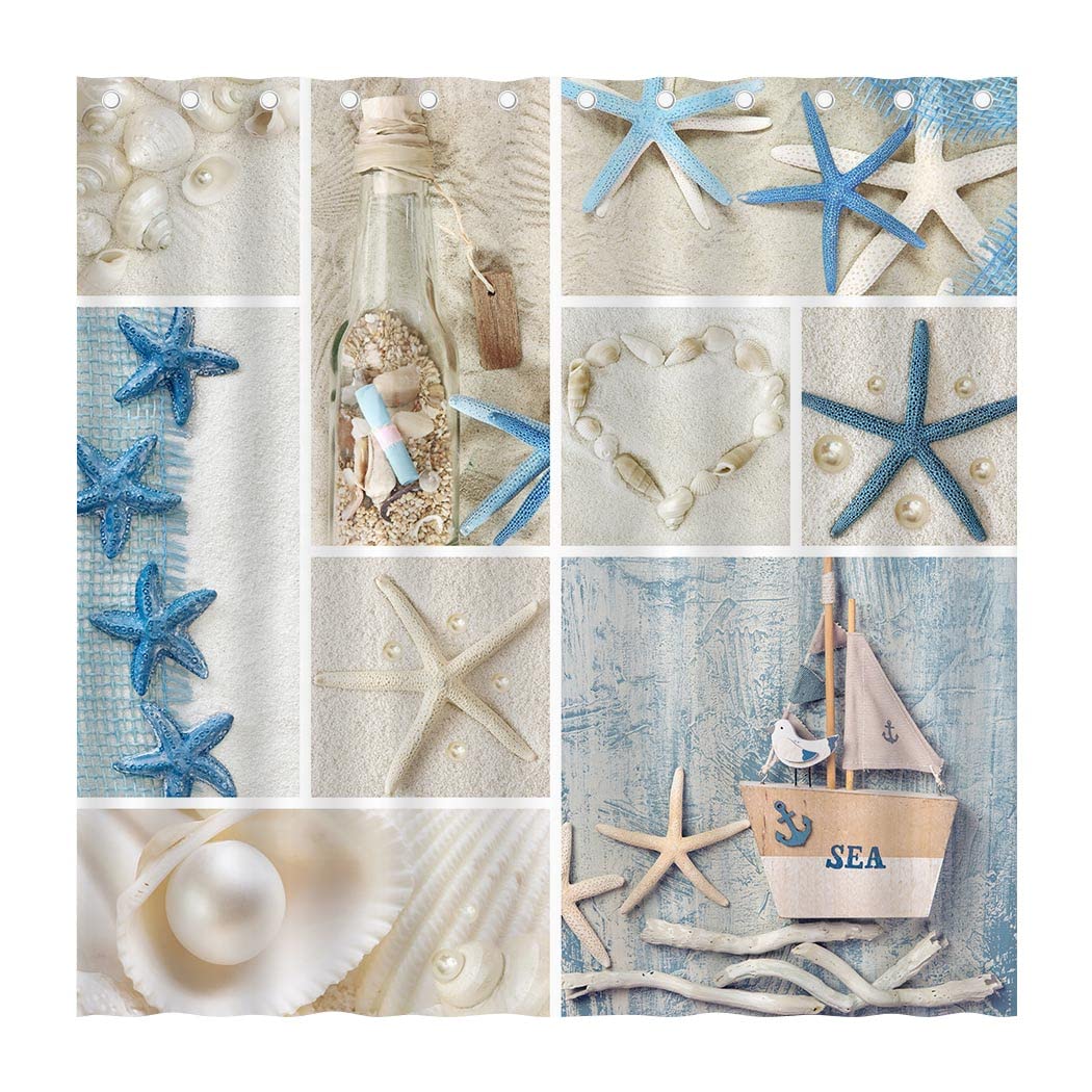 Juirnost Summer Seaside Beach Shower Curtain Marine Starfish Seashell Beach Lighthouse Coastal Shower Curtain Nautical Decor Home Bath Bathtub Decor Durable Fabric Washable 72"x72" with 12 Hooks