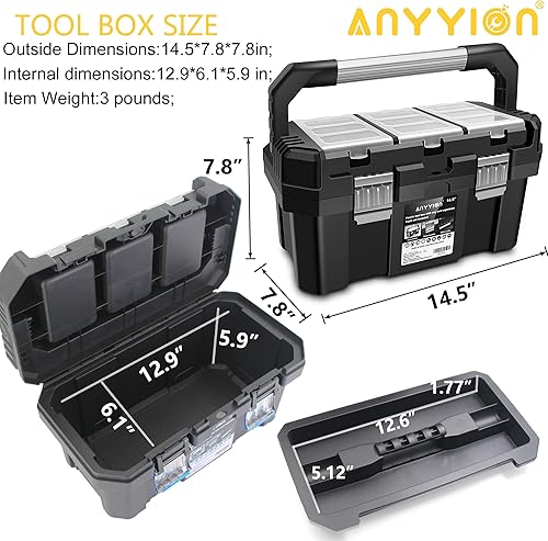 Miniatura 2 de Anyyion 13 inch Small Tool Box with Removable Tray, Truly Strong and Durable For Hobby or Craft Storage Toolbox, (Internal Size:12.9"Lx6.1"Wx5.9"H)