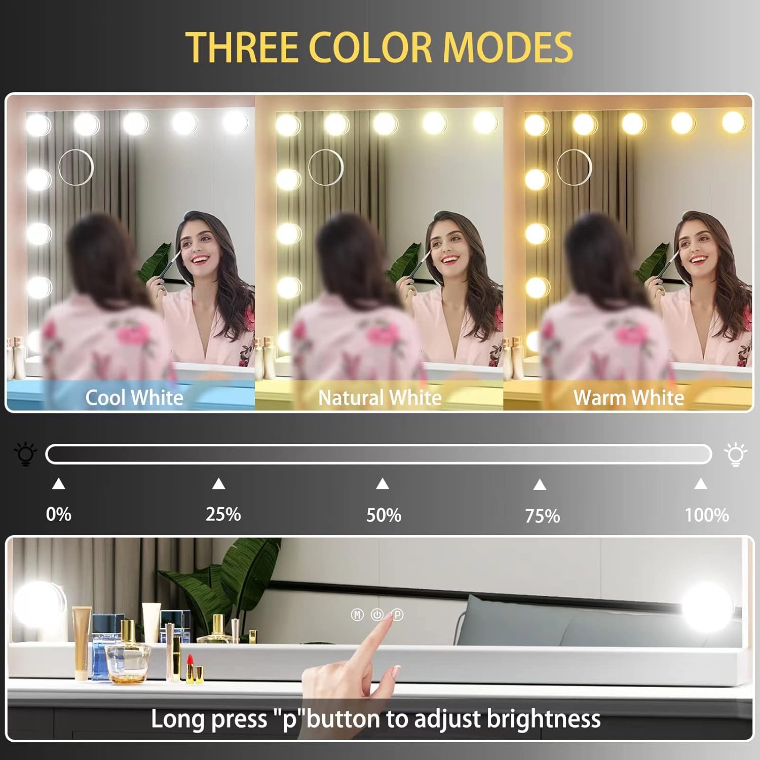 Vanity Mirror with Lights Lighted Makeup Mirror with 15 Dimmable LED Bulbs,3 Color Lighting Modes,USB Charging Port Touch Control,Sturdy Metal Frame Design 24x18 Inch,White