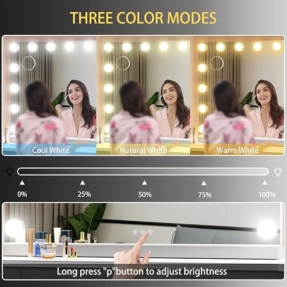 Gvnkvn Vanity Mirror with Lights, 15 Dimmable LED Bulbs Large Hollywood Makeup Mirror, Light up Mirror with 10X Magnification and USB Charging Port, Smart Touch 3 Colors, Metal Frame