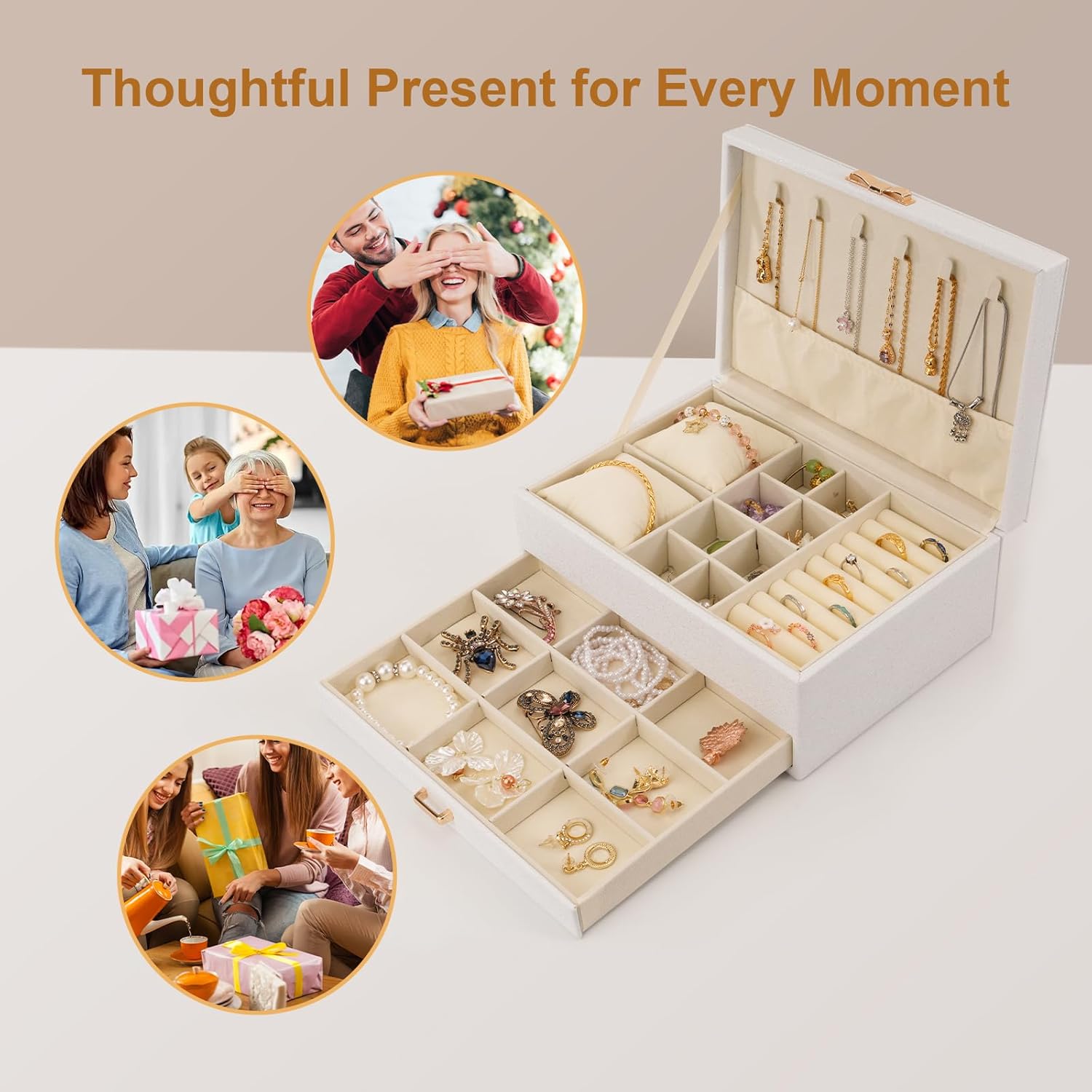 MOSISO Jewelry Box for Women, Large PU Leather Jewelry Organizer Drawer Storage Case with 2 Layers Display for Earrings Bracelets Rings Necklaces Watch Holder, White