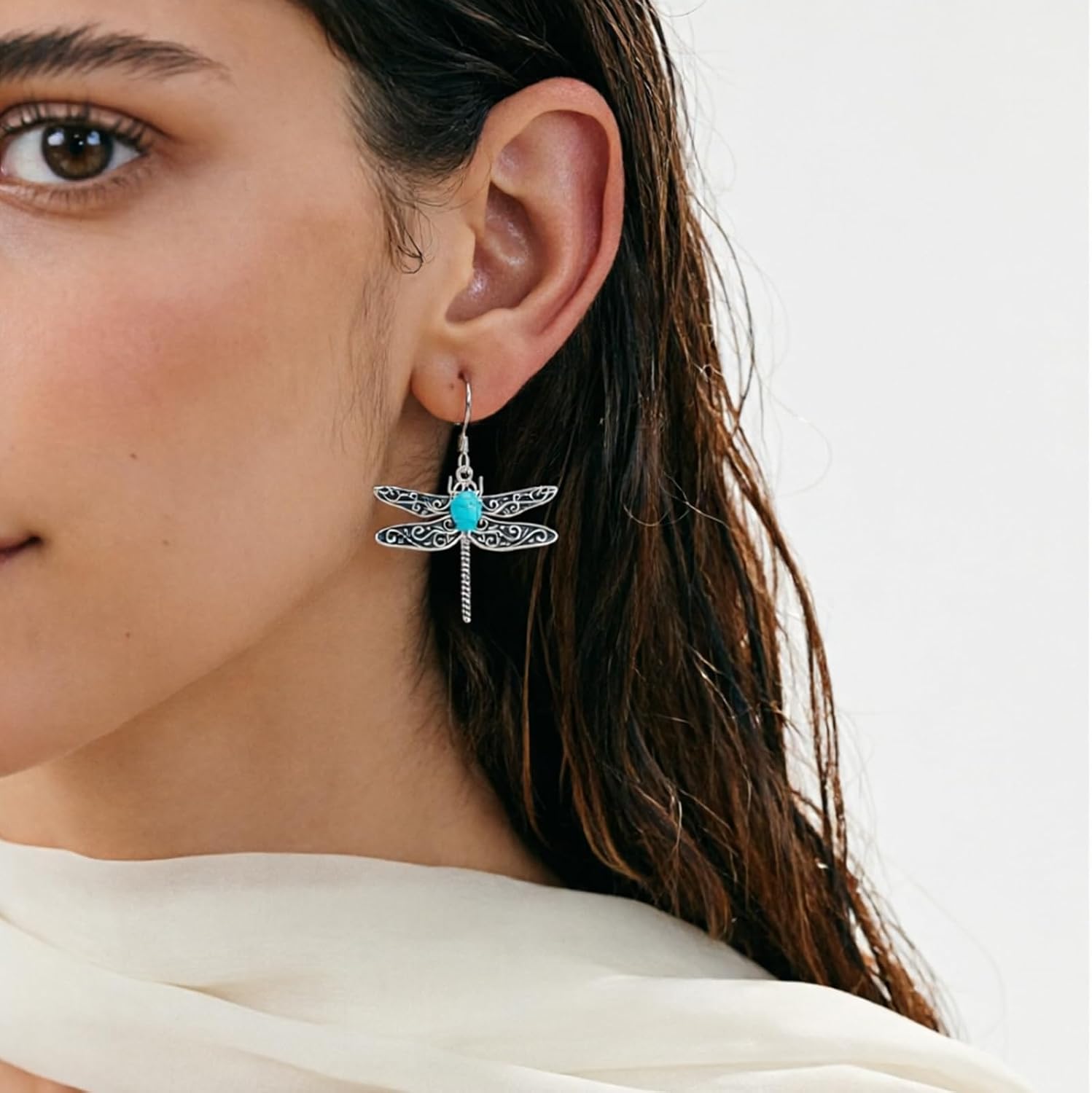 Vintage Dragonfly Dangle Earrrings for Women, Sterling Silver Genuine Turquoise Earrings, Boho Jewelry Gift for Daily/Festival/Party Outfits