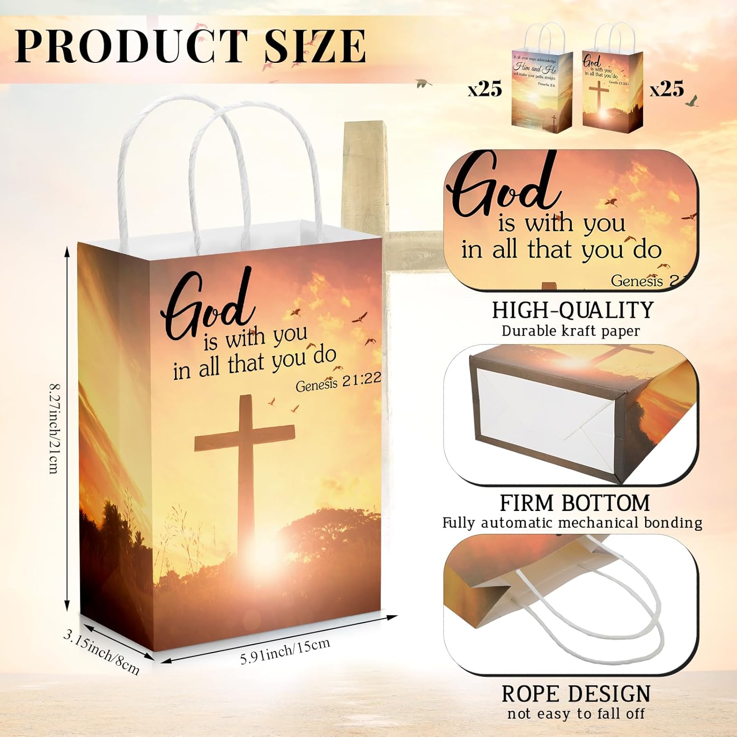 Zhanmai 50 Pcs Easter Christian Gift Bags Church Visitor Welcome Packets Bulk with Handles Religious Baptism Bags with Bible Verse for Holiday Party 5.91 x 3.15 x 8.27 Inch - Image 2
