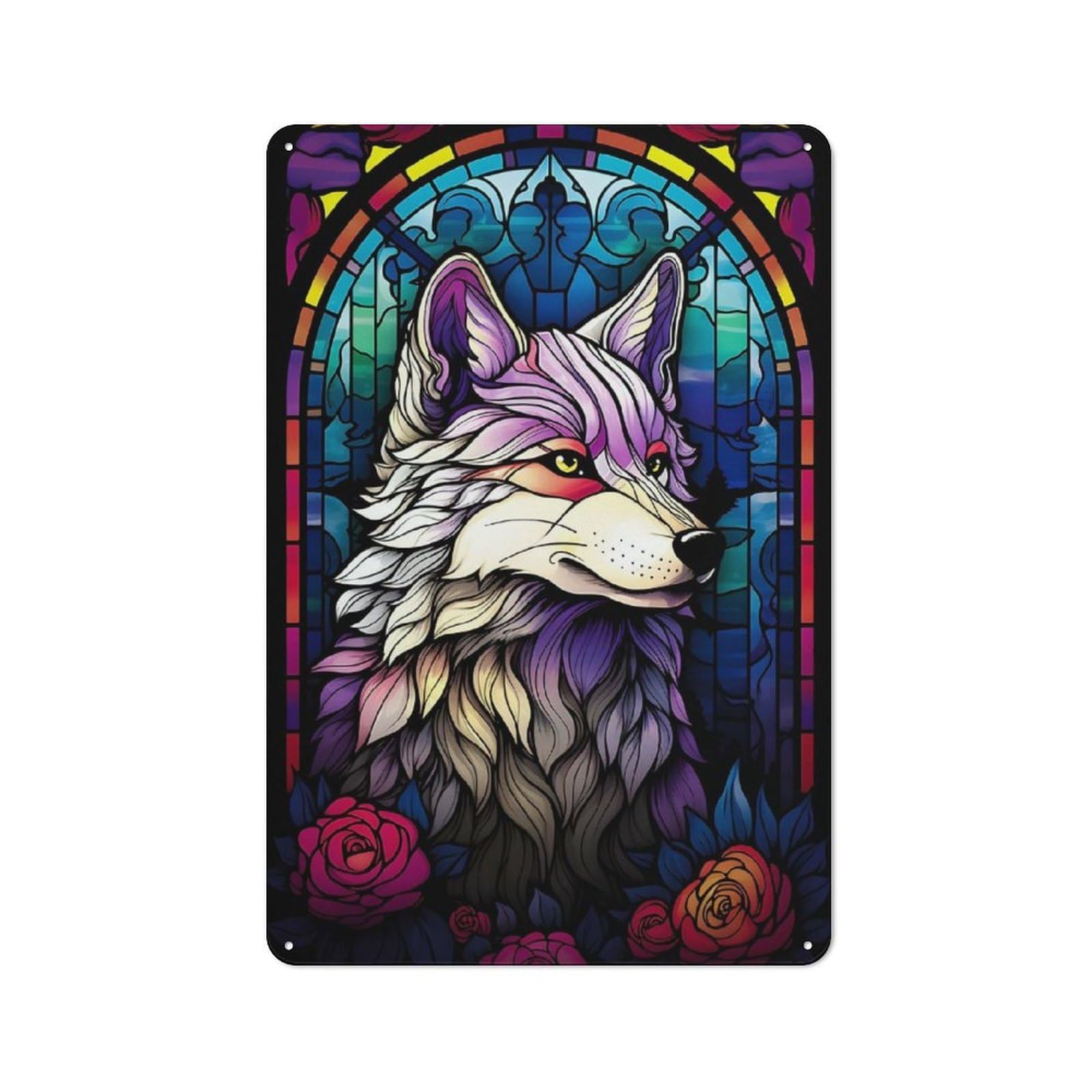 Junmoney Abstract Wolf Stained Glas Printed Metal Sign 30X20cm For Hobby Room Or Studio, For Creative Interior Collectors