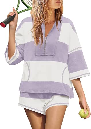 Yanekop Women's Striped Workout Set Two-Piece Lounge Set