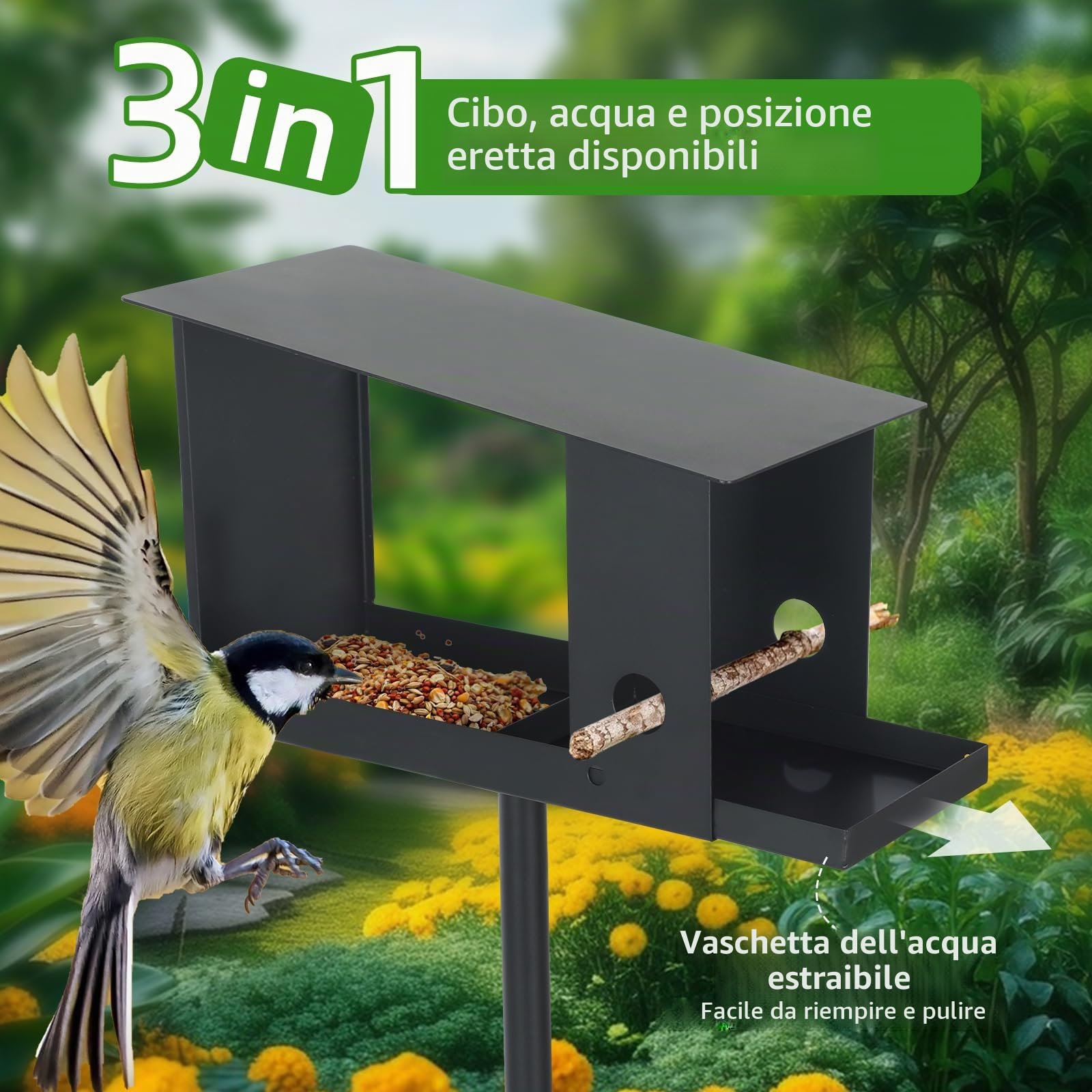 Casetta per uccelli con supporto, resistente alle intemperie, in metallo, per uccelli, 3 in 1, con tetto in metallo resistente alle intemperie, stabile mangiatoia per uccelli da giardino