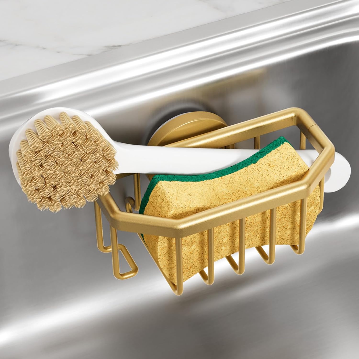 TAILI Sponge Holder for Kitchen Sink with Strong Suction Cup Rustproof Aluminum Sink Caddy for Sponges Brushes Stoppers