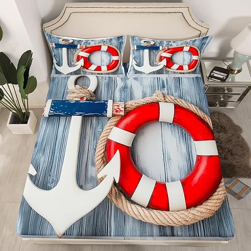Erosebridal Sea Ocean - Sábana bajera ajustable tamaño individual para niños y niñas, sábanas de anclaje náutico, ropa de cama de playa hawaiana,