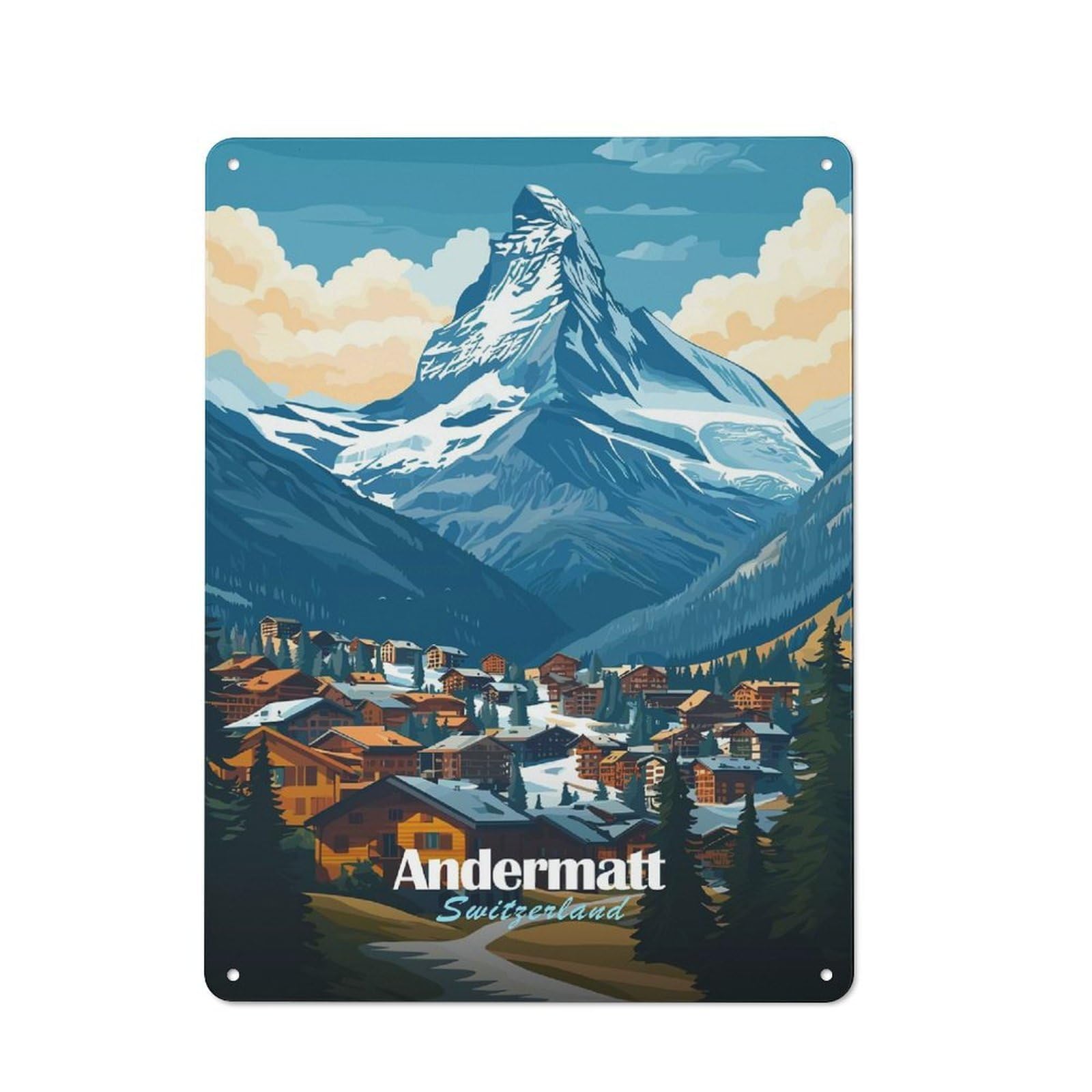 Junmoney Style-11 Andermatt Switzerland Mountain Village Outdoor Room Metal Wall Decor 40X30cm, Rustic Tin Sign For Shed, Garden Room, Porch Or Garage