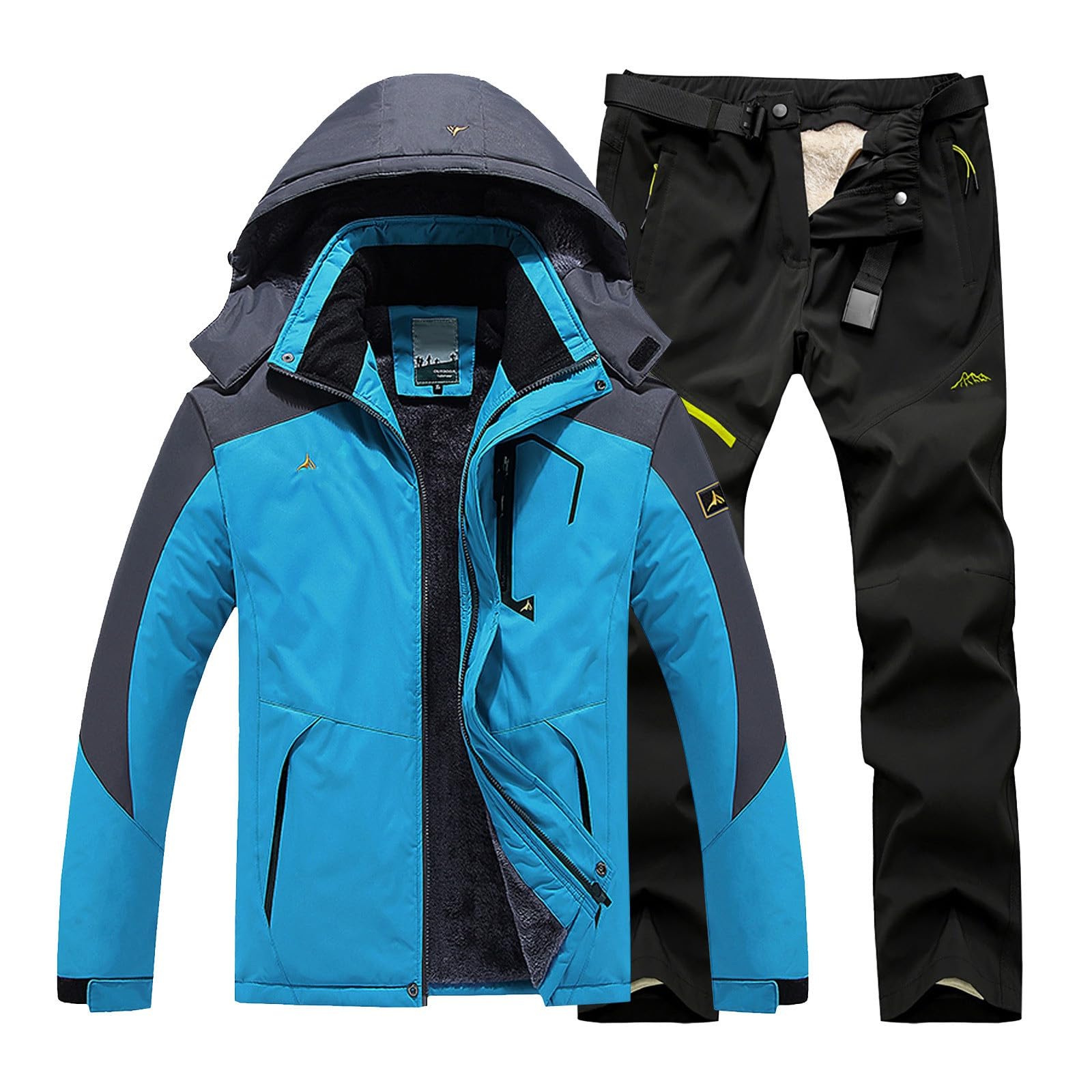 Tuta da sci unisex da uomo e donna, impermeabile, con cappuccio, foderata in pile, giacca e pantaloni termici, due pezzi, tuta da snowboard invernale, caldo, antivento, giacca da trekking, pantaloni