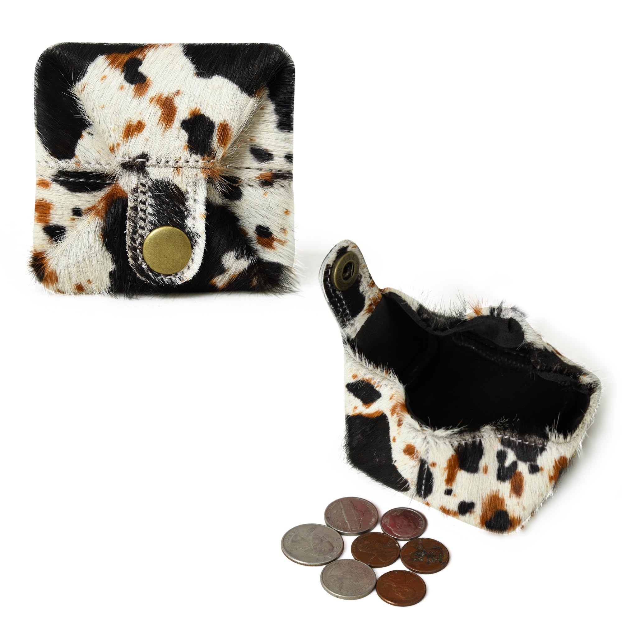 Cowhide Coin Purse Change Holder Mini Pouch for Women Hairon Leather Cow Print (Salt & Pepper)