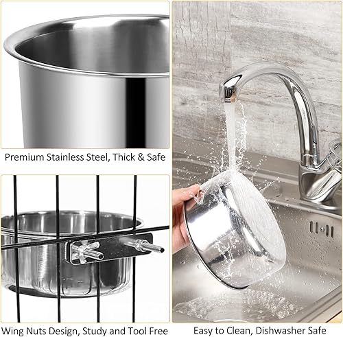 Miniatura 4 de Cuenco de agua para perros, 3 cuencos de acero inoxidable para perros, cuenco de metal duradero antiderrames para jaula de perrera, cuenco de agua