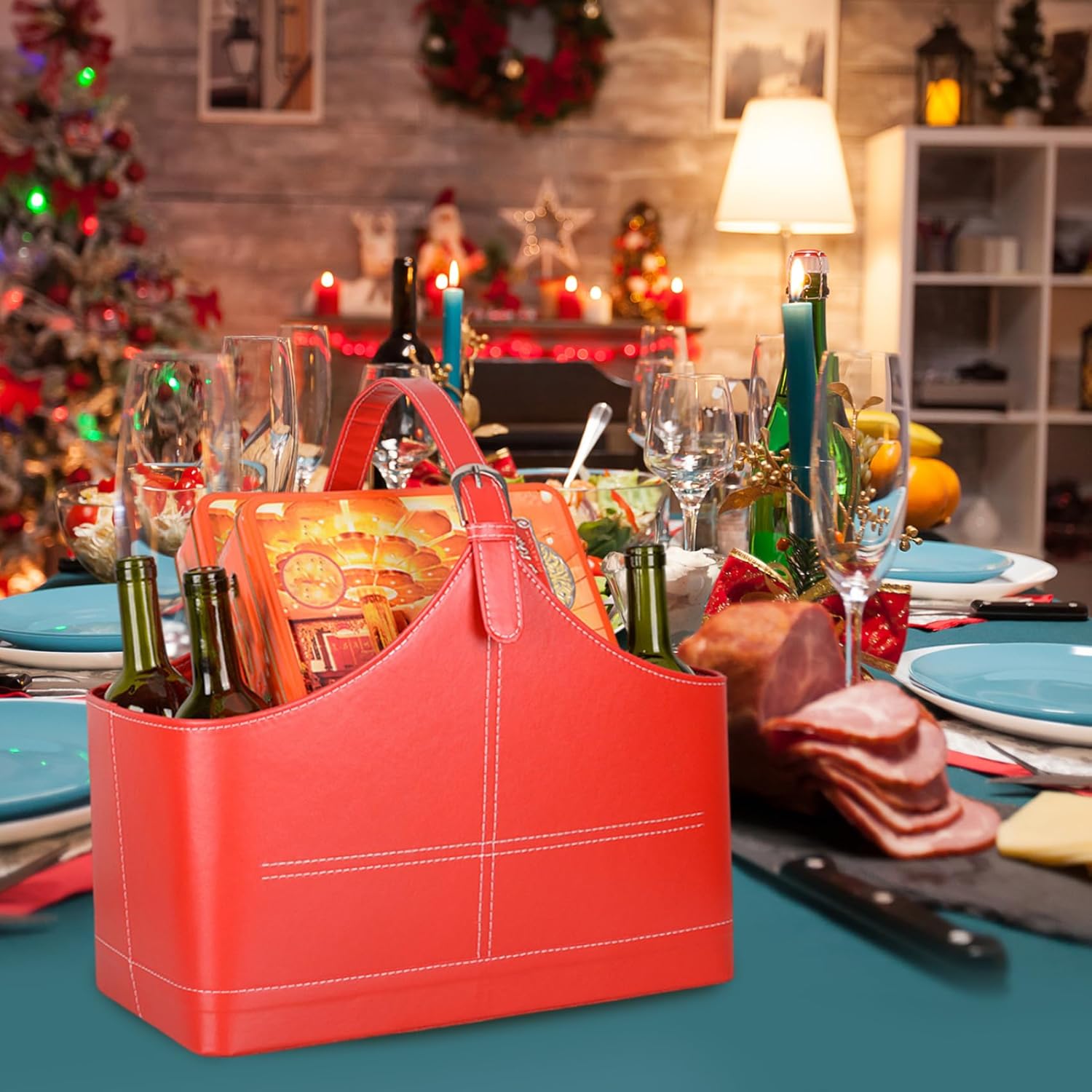 Leather Basket Red Leather Magazine Holder with Top Handle for Wine Flowers Fruits Candys Newspaper Christmas Display