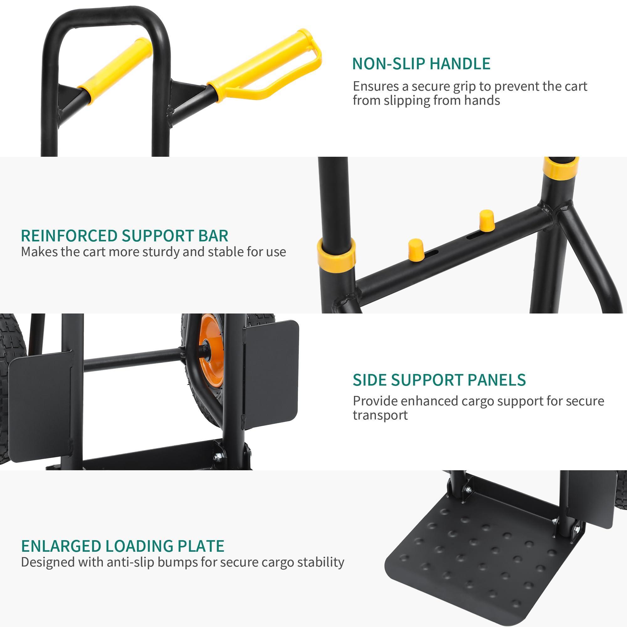YITAHOME Carro de mano plegable con 2 ruedas industriales grandes, camión de saco resistente de altura ajustable con ruedas silenciosas de alto agarre, capacidad de 150 kg, incluye 2 cuerdas elásticas