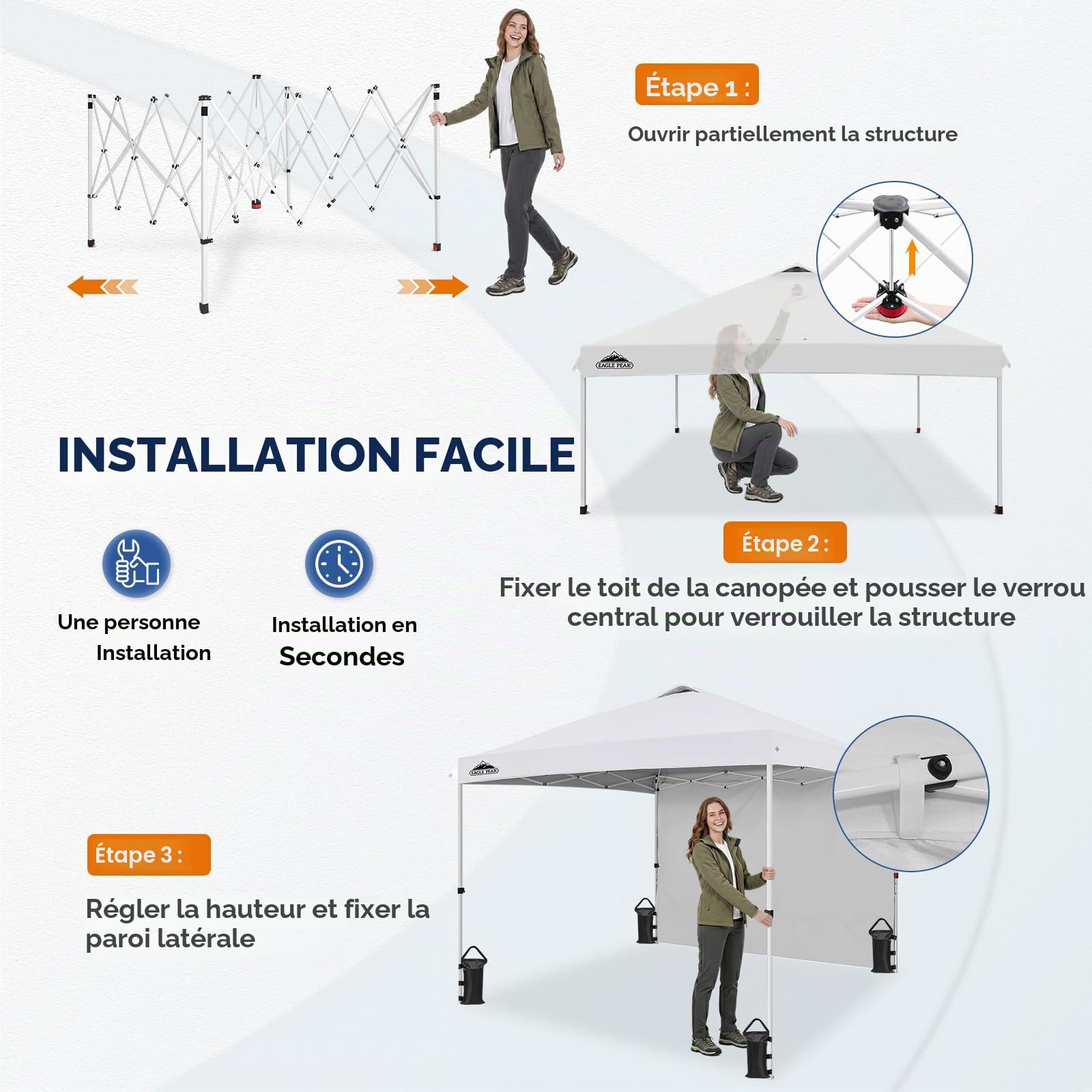 EAGLE PEAK Auvent Commercial Pliable 3x3 m, Tente Abri Instantané avec 1 Paroi Latérale, Robuste et Facile à Installer, Protection Solaire Extérieure pour Marchands et Marchés, Blanc