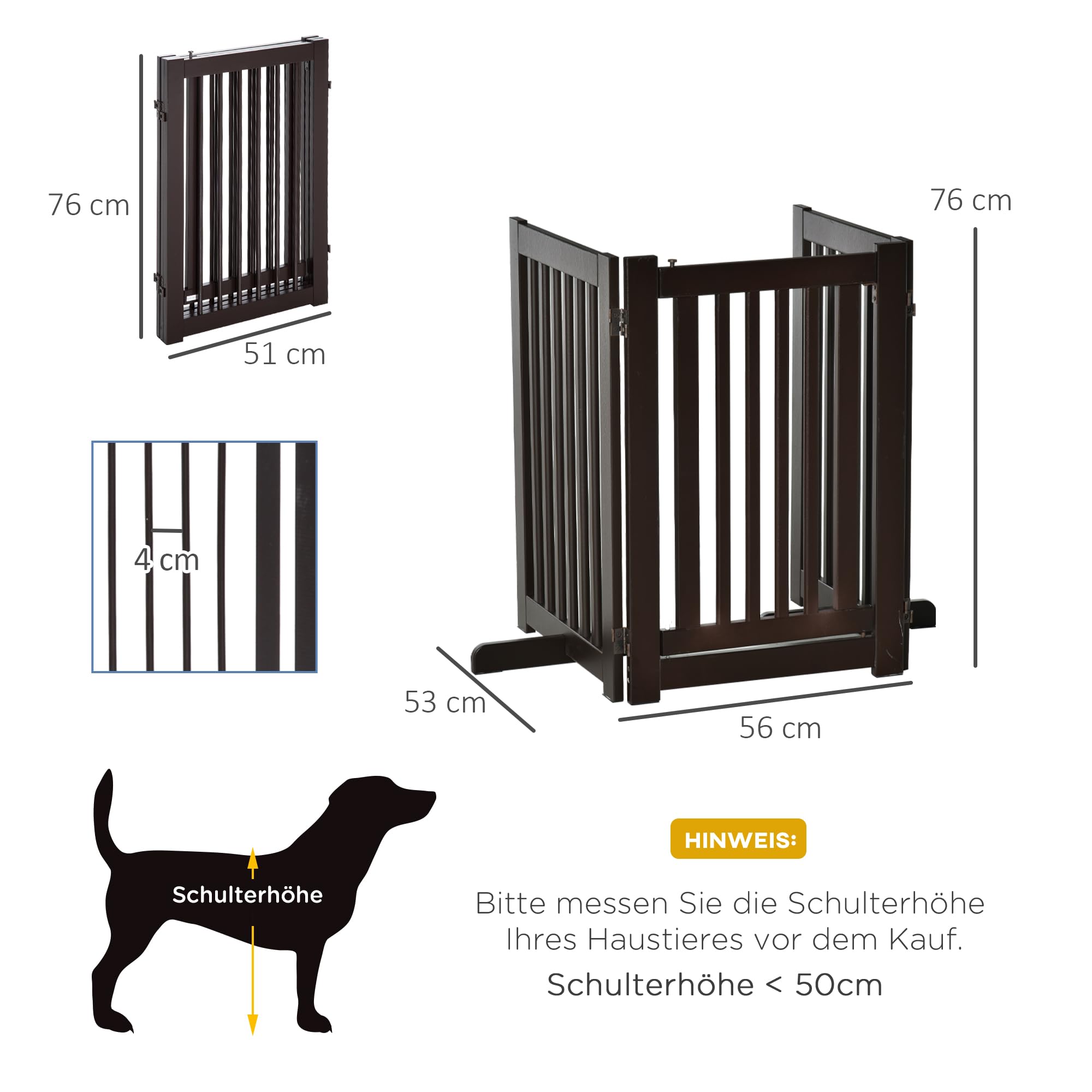 PawHut Absperrgitter Hund Freistehend Verstellbar 155 x 76 cm Dunkelbraun | Schutzgitter mit Füßen, Holz Hundegitter, Klappbar, Treppenschutzgitter, für Treppen Türen Küche Flur, 3 Paneelen