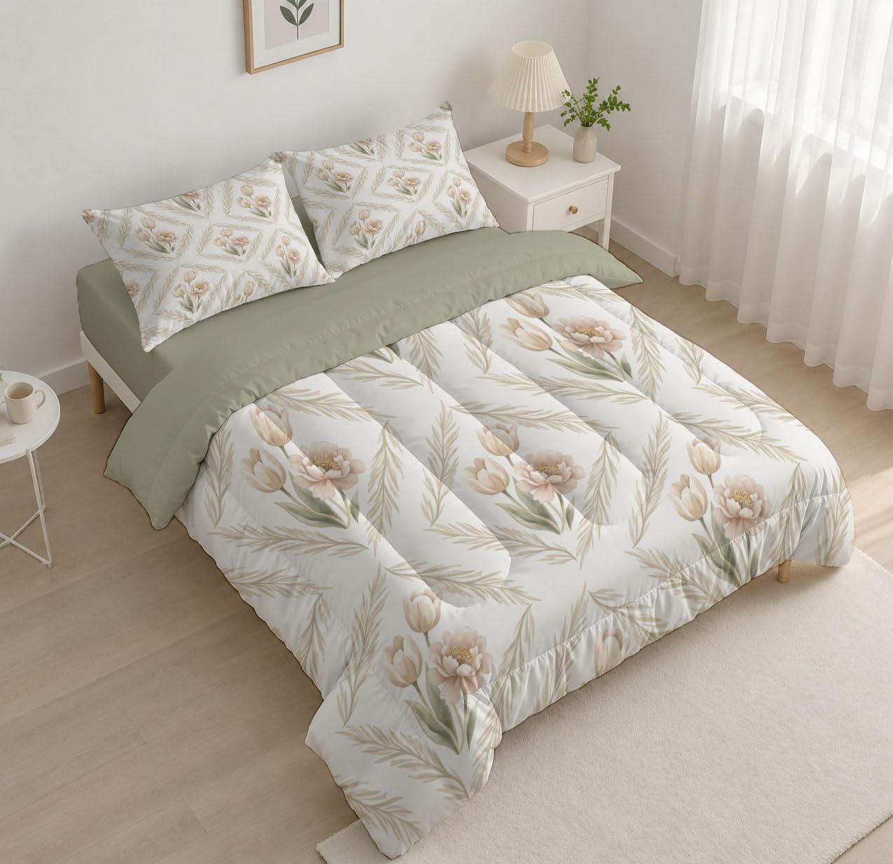 Edredón Invierno Cama 90 Tulipanes del Campo Rombo Vegetal Simple | Edredon Nordico Sin Funda Invierno Reversible Acolchado, Ligera Respirable Manta De Suave, Blanco, 140X200Cm