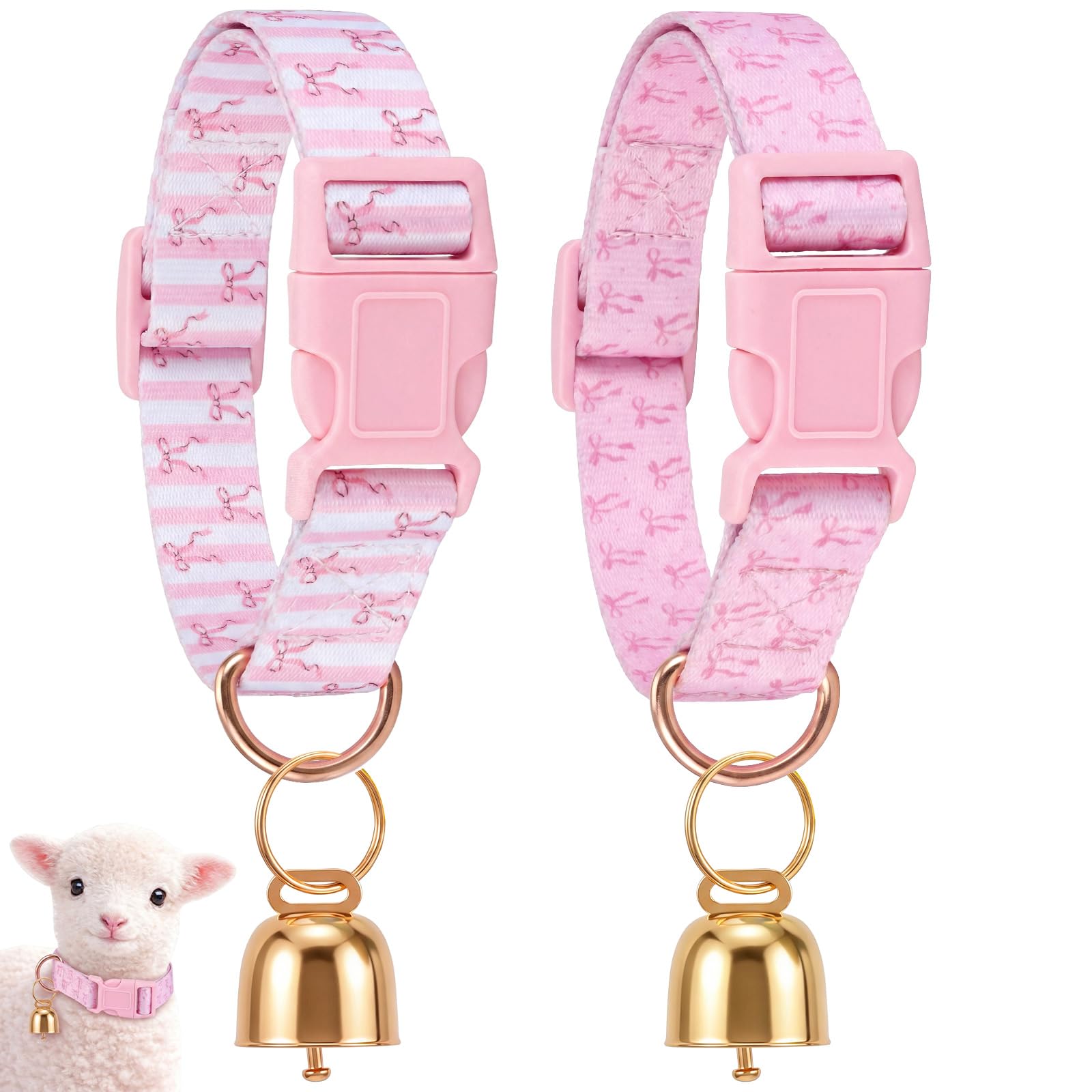 2 Pack Pink Bow Goat Collars with Bells, Girly Pattern for Lambs and Sheep