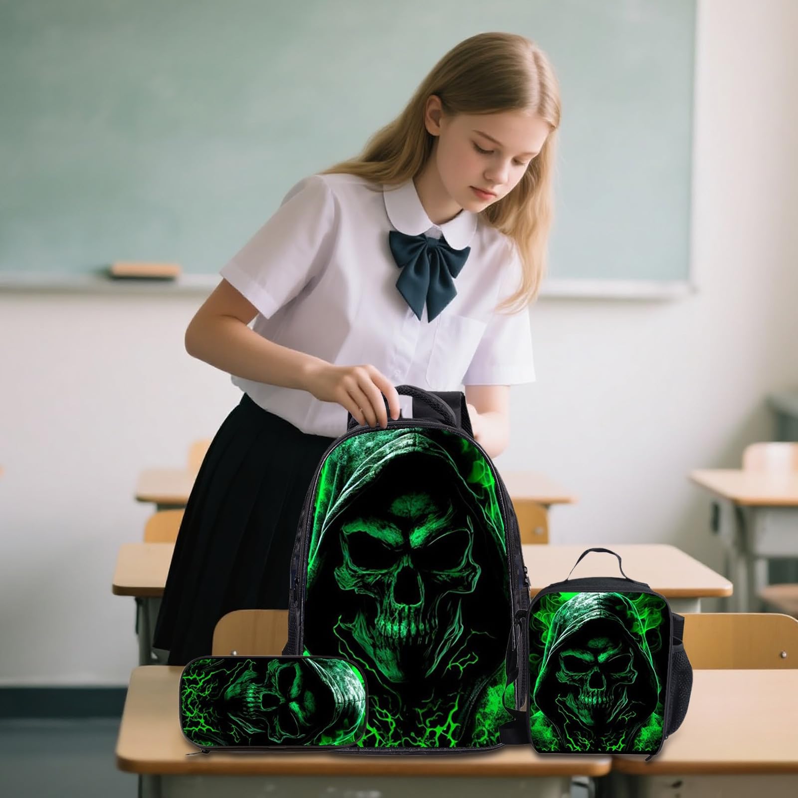 Generisch 3-teiliges Schüler-Rucksack-Set, doppellagige Schultasche mit Mittagessen und Bleistift, leichte, langlebige Büchertasche für Teenager, Jungen und Mädchen (C, 40x30cm)