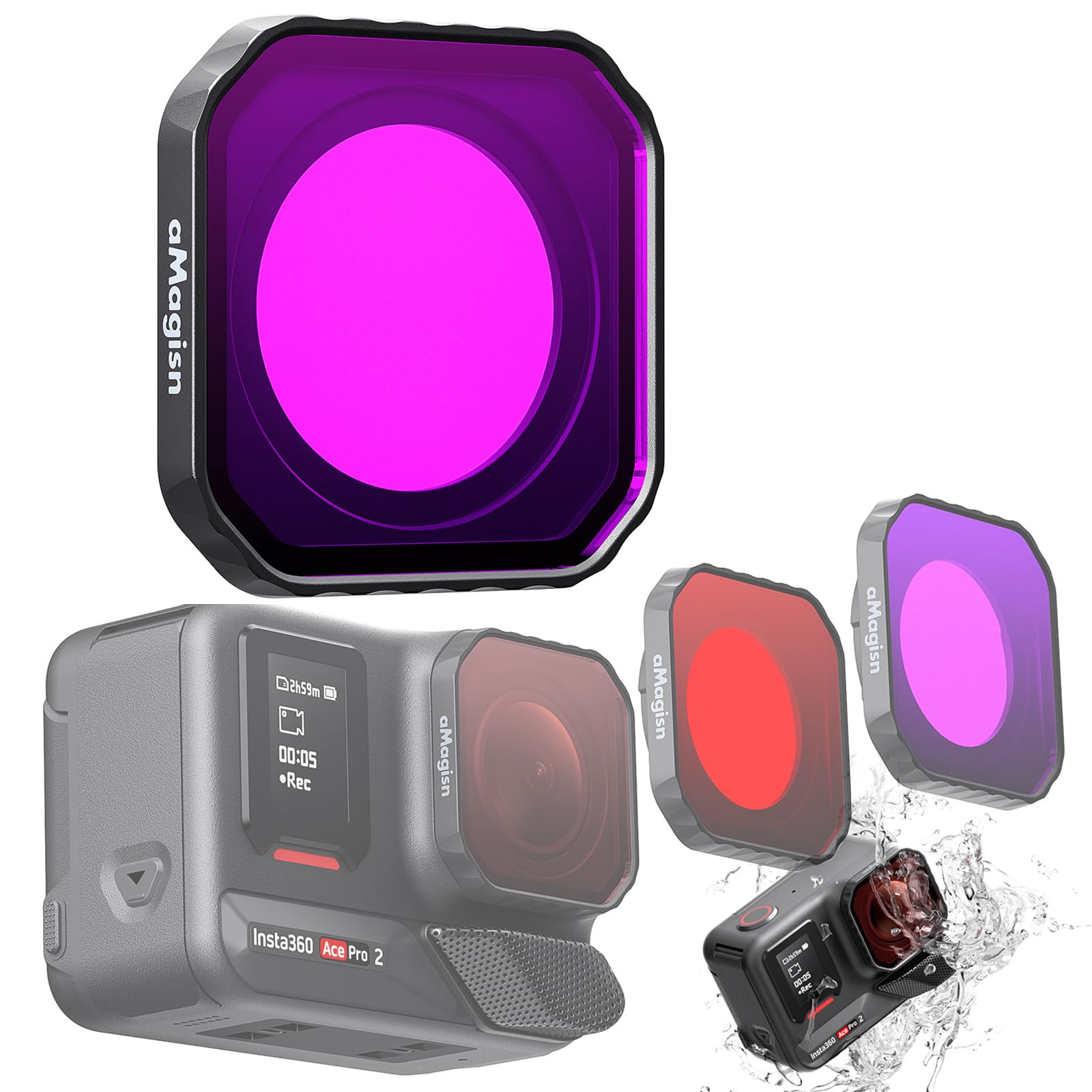 Photo 1 of Honlyn Diving Lenses Filter for Insta360 Ace Pro 2, Action Camera Waterproof Case Protective Shell Red Pink Purple Dive Filter Accessories (Purple)