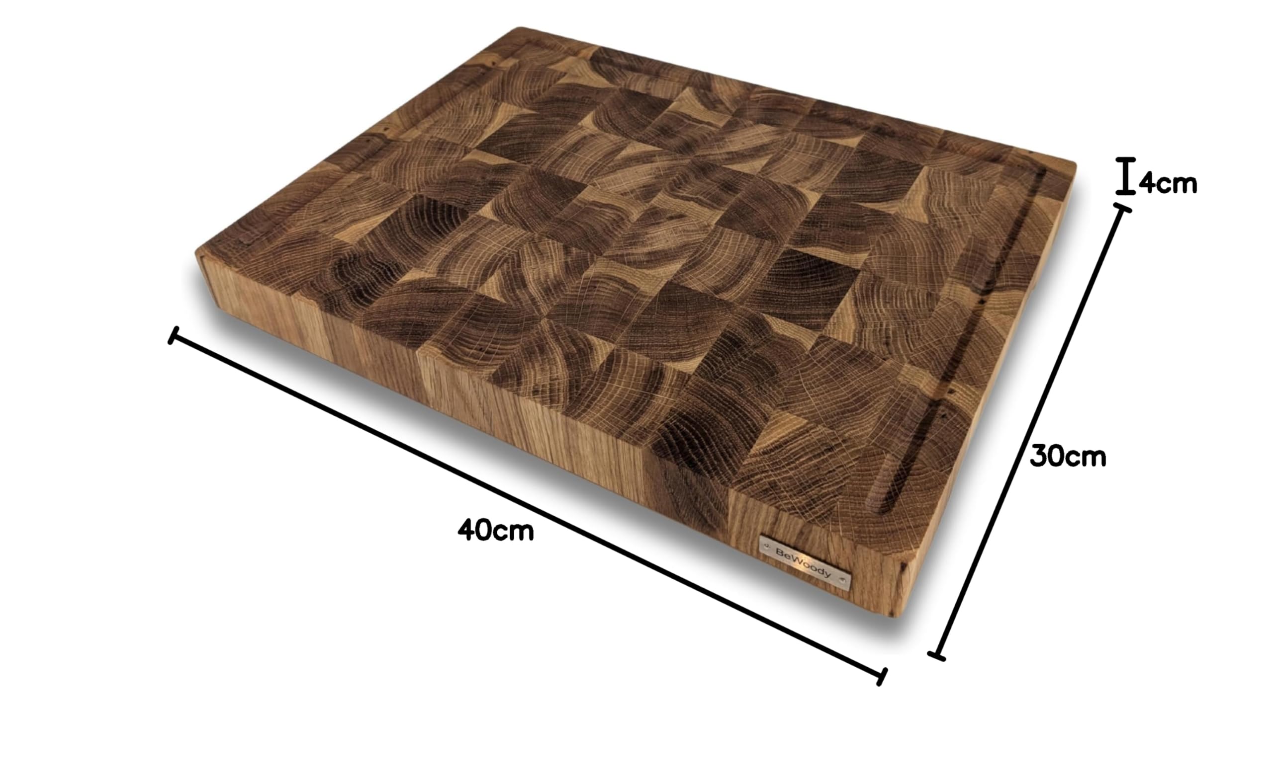 Premium Hackbrett Stirnholz Schneidebrett Eiche – Hackblock 40x30x4 cm – Großes Holzbrett mit Saftrille & rutschfesten Füßen – Tranchierbrett für Küche & Fleisch