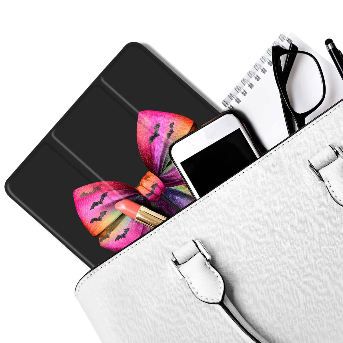 Coque fine d'Halloween pour iPad 10,2" 2021/2020/2019 avec porte-crayon, chauve-souris et nœud violet original pour iPad 9e/8e/7e génération, coque de protection arrière en TPU souple, mise en