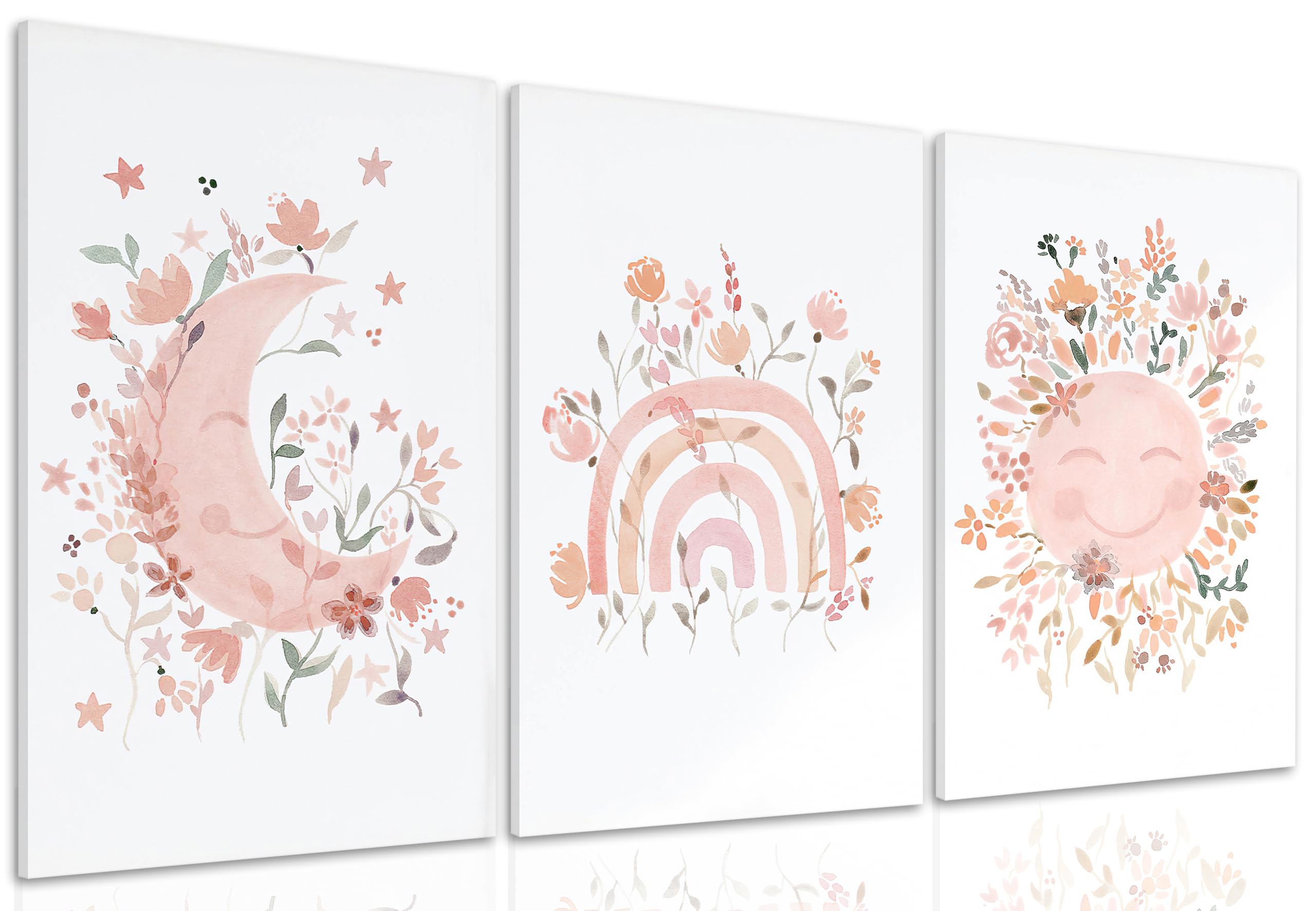 3PcsFramed Wildflower Nursery Canvas Wall Art Bohemian Sun and Moon Poster Prints Pink Floral Girl's Room Decorative Painting for Nursery Baby Room