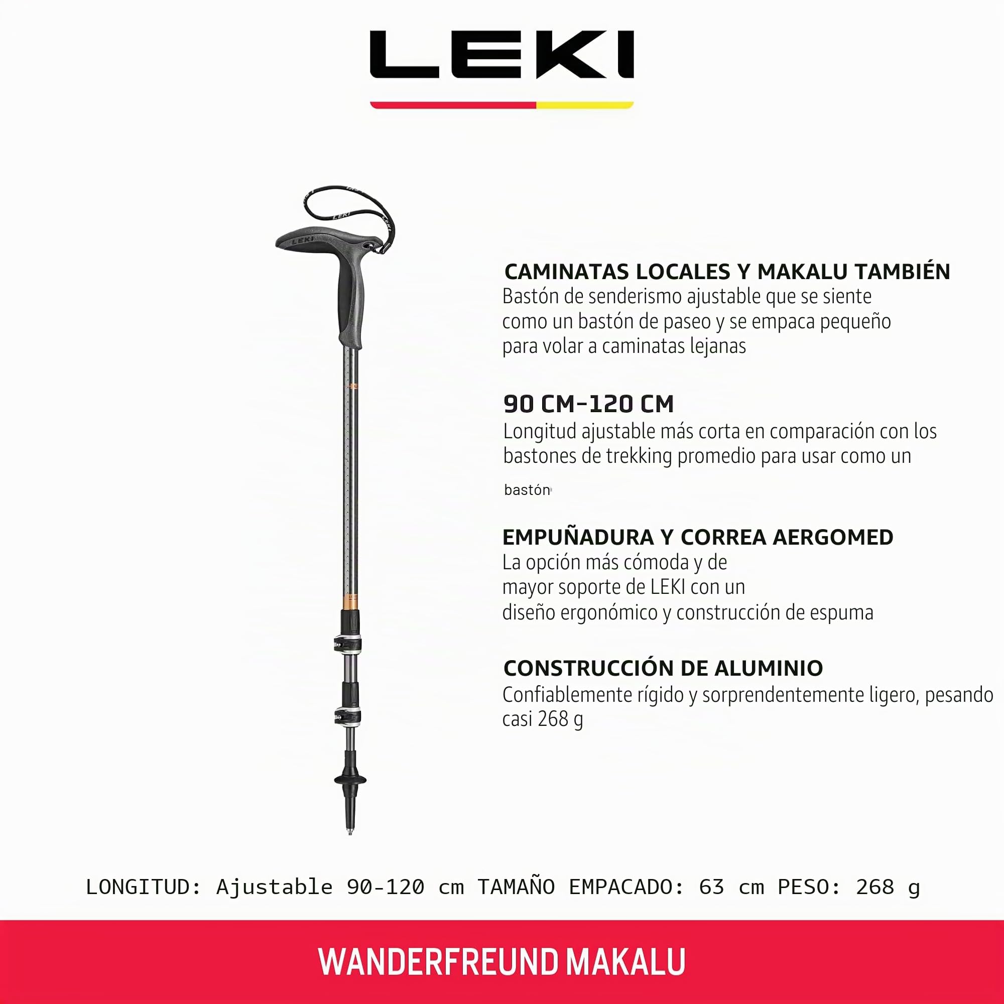 Leki Wanderfreund Makalu - Bastón de Senderismo Ajustable, plomizo/Gris, 90-120 cm