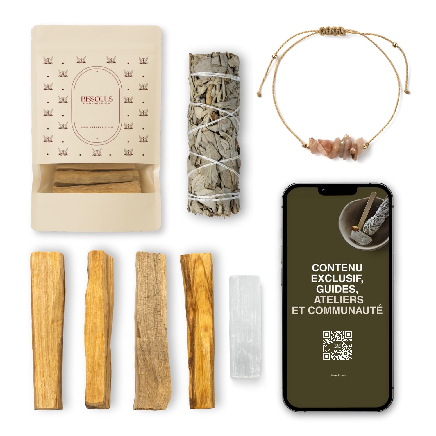 Coffret Premium Rituel Nettoyage Énergétique Palo Santo Purification Sauge Blanche Bracelet Sélénite Maison