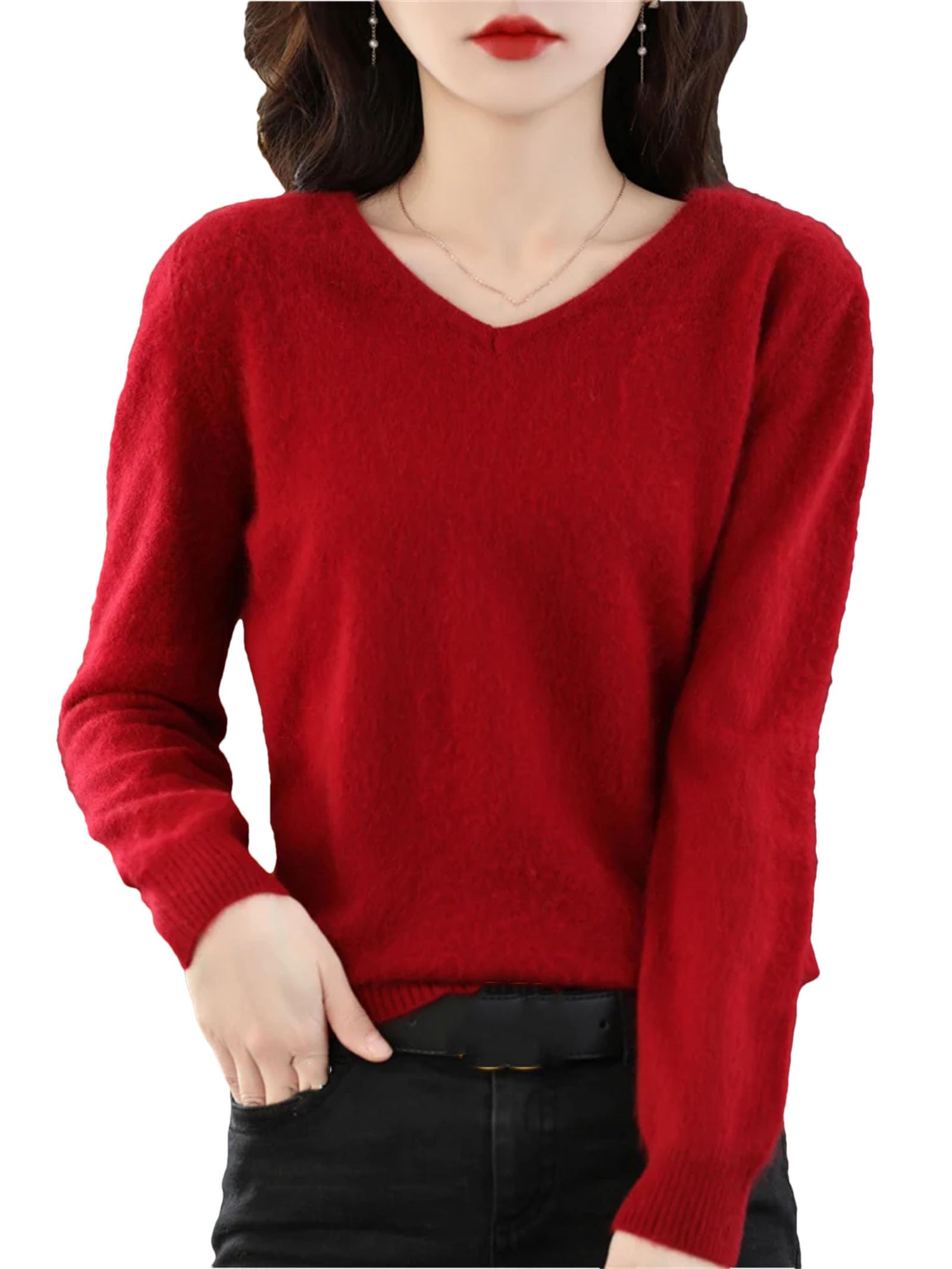 Maglione da donna caldo in cashmere con scollo a V, invernale, elastico, morbido, casual, basic