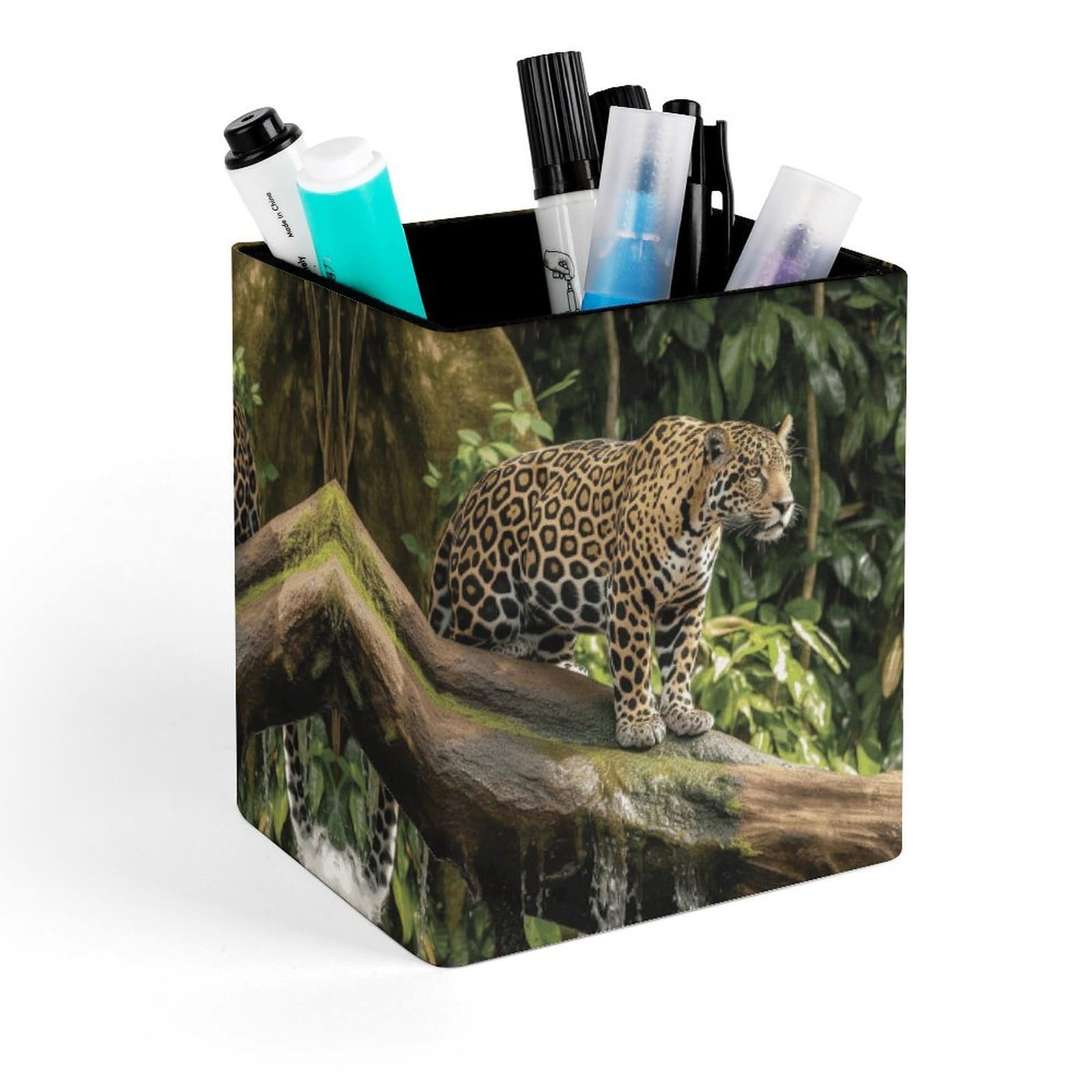 FekiLoot Jaguar Cat on Tree Trunk Waterfall Pencil Holder Square Leather Pen Holder Cup Modern Multi-Functional Pencil Cup Holder Decorative Desk Organizer Caddy Makeup Brush Holders for Desk Office