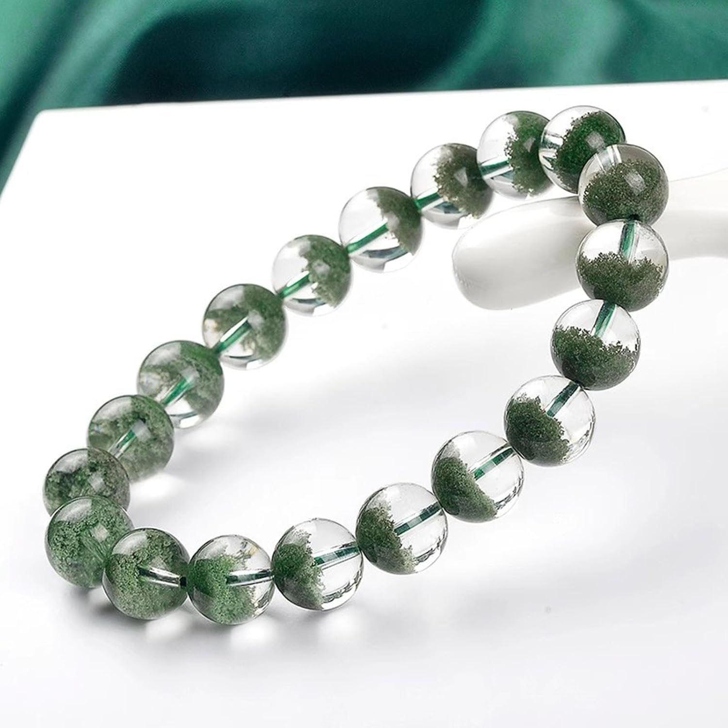 Natural Crystal Stone Bracelets for Women and Mens,Green Phantom Quartz Stretch Bracelet,Crystal Jewelry Beaded Bracelets for Reiki Meditation Gift,12mm