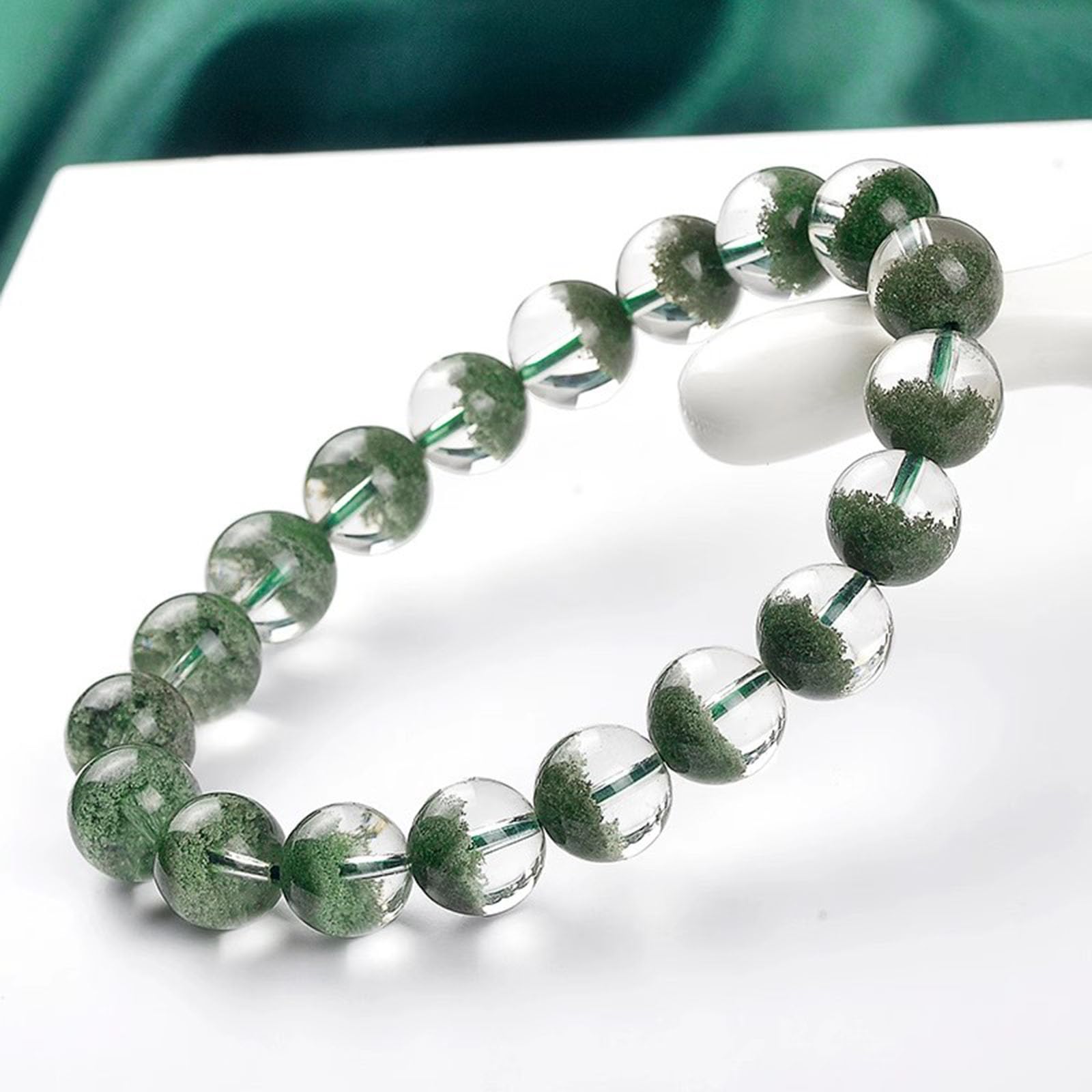 Armbänder aus natürlichem Kristallstein für Damen und Herren, Stretch-Armband aus grünem Phantomquarz, Perlenarmbänder aus Kristallschmuck als Geschenk für Reiki-Meditation,12mm