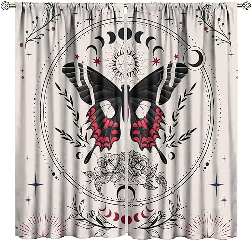 Miniatura 9 de Cortinas con temática de polilla de luna y estrellas, hermosas rosas rojas, luna de noche, jardín, hojas verdes, polilla, bohemia, gótica, para