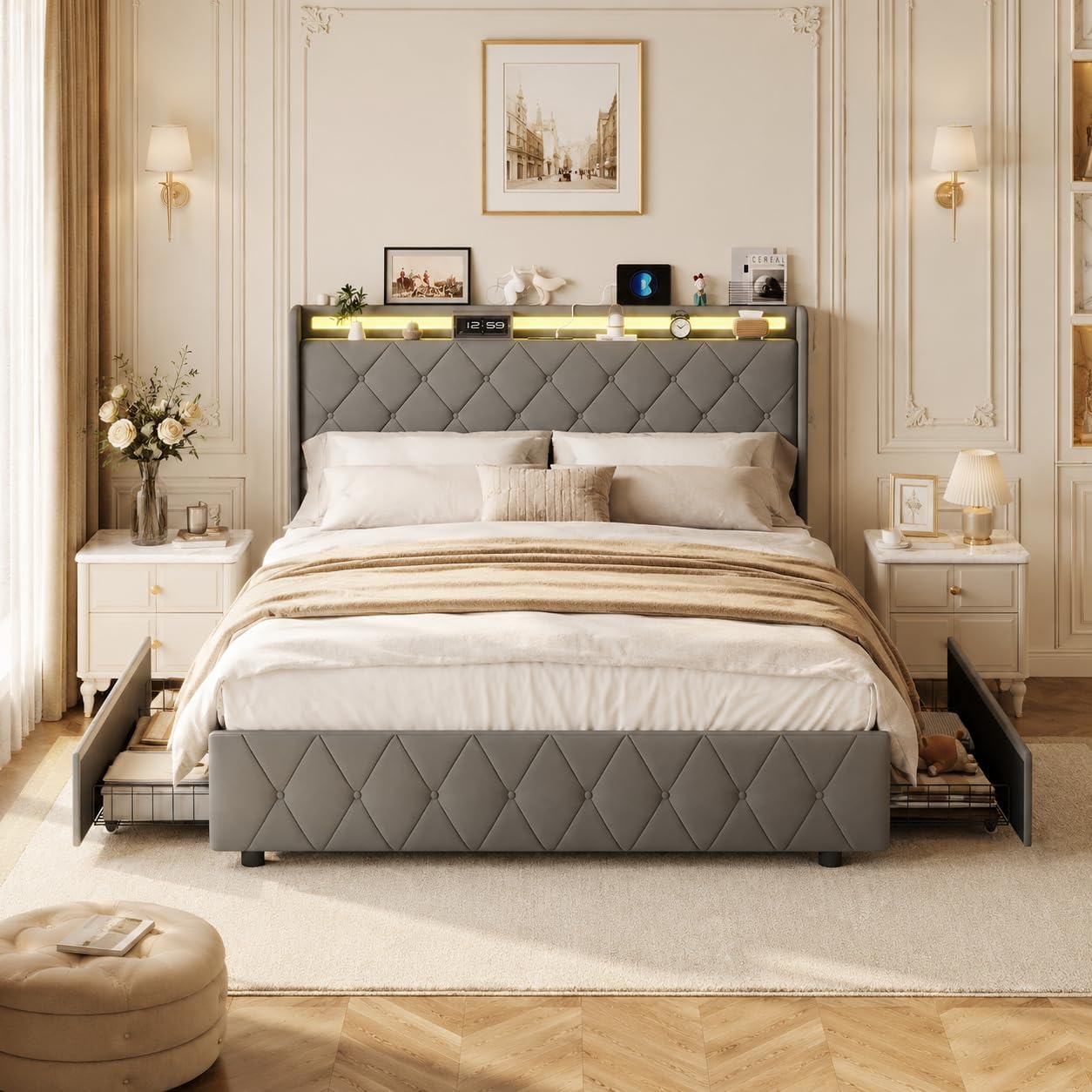 Upholstered Bed 160 x 200 cm with RGB LED Lighting Modern Double Bed with Headboard Storage Space & Charging Station Bed Frame with Slatted Frame and 4 Drawers without Mattress Grey + A