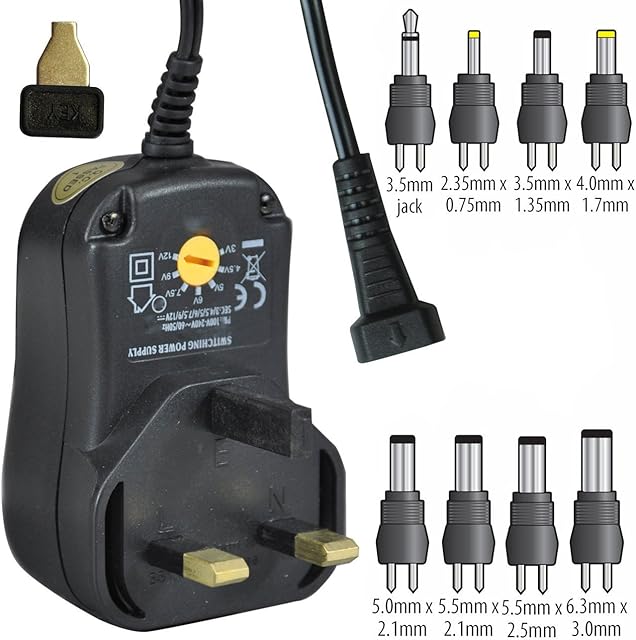 Universal Power Supply Mains Adapter, 600mA (0.6 amp). Powers CD Player, etc: 3v 4.5v 5v 6v 7.5v 9v 12v DC, AC/DC Charger, 100v-240v Worldwide, inc: UK 230v, 7.2 watt, inc 8 DC Jack plug connectors