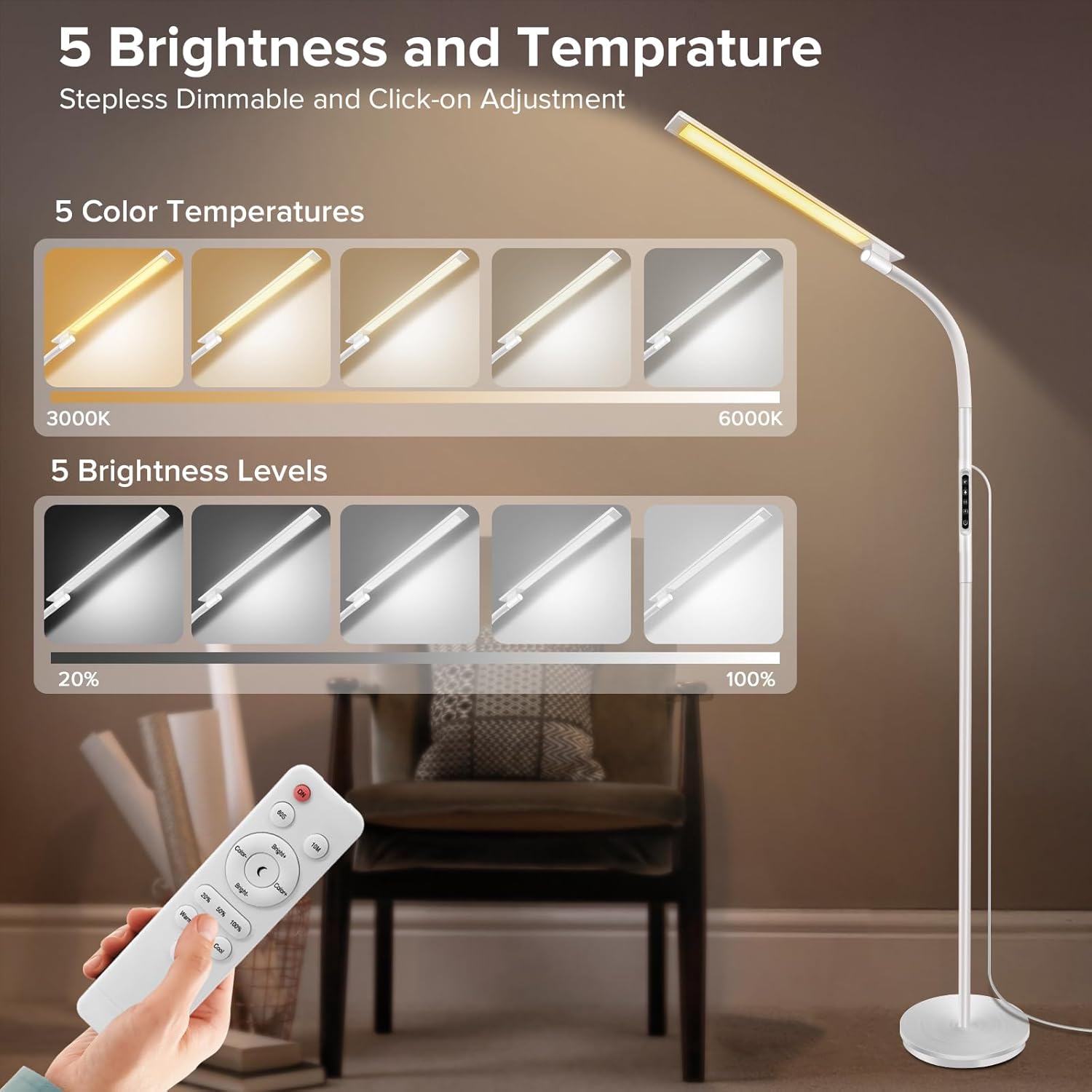LED Floor Lamp, Floor Lamps for Living Room with Night Light & 5 Colors & 5 Brightness, Adjustable Gooseneck Floor Reading Lamp with Remote & Touch Control, Tall Standing Floor Lamp for Bedroom Office
