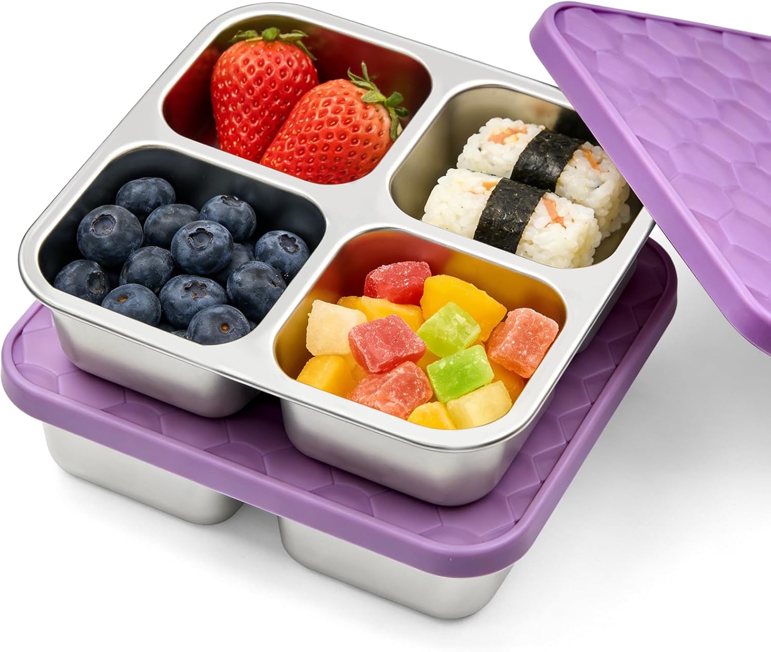 Stainless Steel Snack Containers with Silicone Lids, 4 Compartment Leakproof Snackle Box Container, Reusable Metal Bento Lunch Box Meal Prep Divided Food Storage for Travel, Office, Picnics