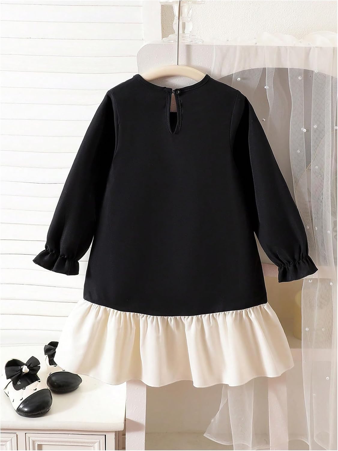 GORGLITTER Girl's Bow Short Dress Cute Ruffle Long Sleeve Pearl Princess Fall Casual Birthday Party Flowy Skater Dress